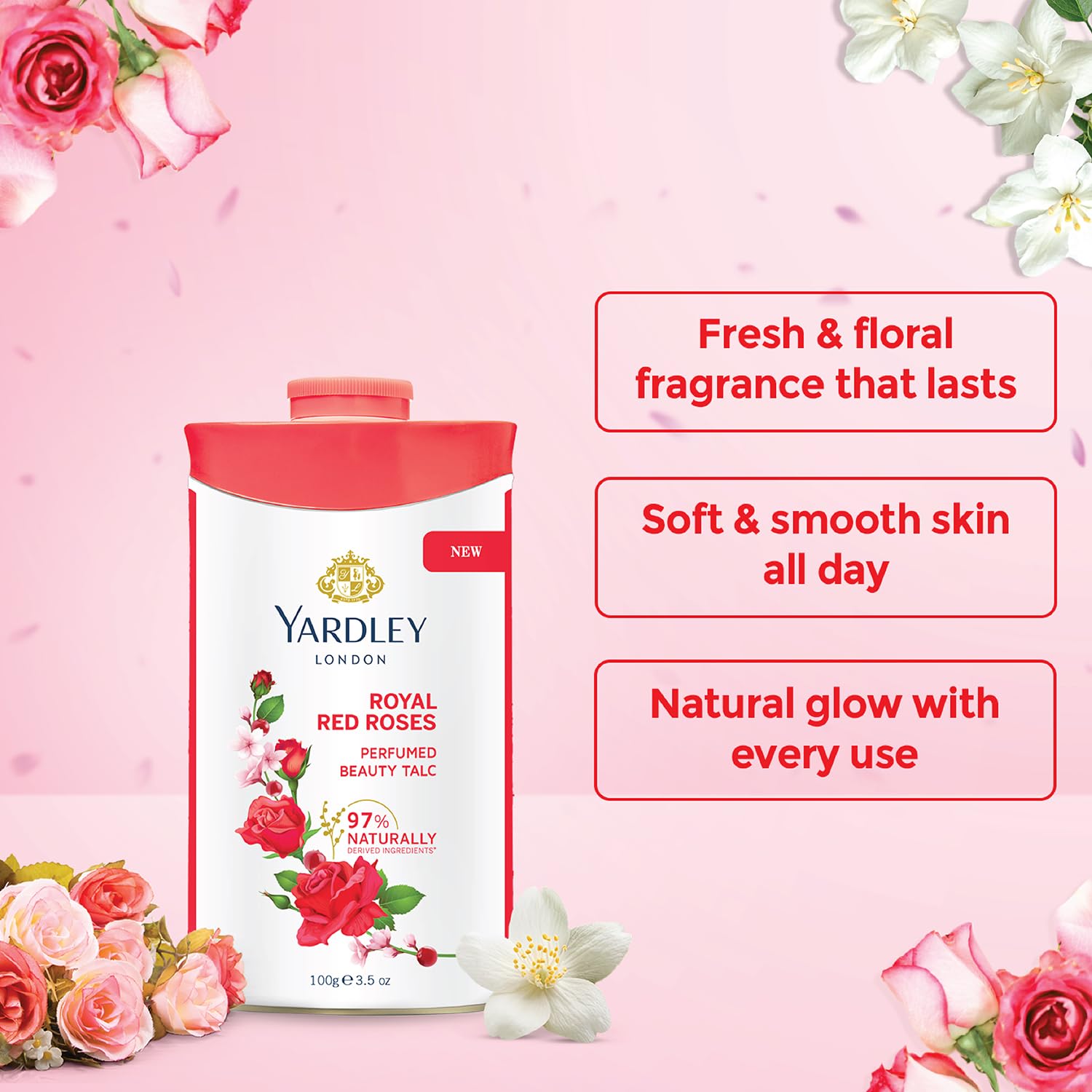 Yardley London Red Rose Talco: fragancia suave que envuelve la piel durante horas.