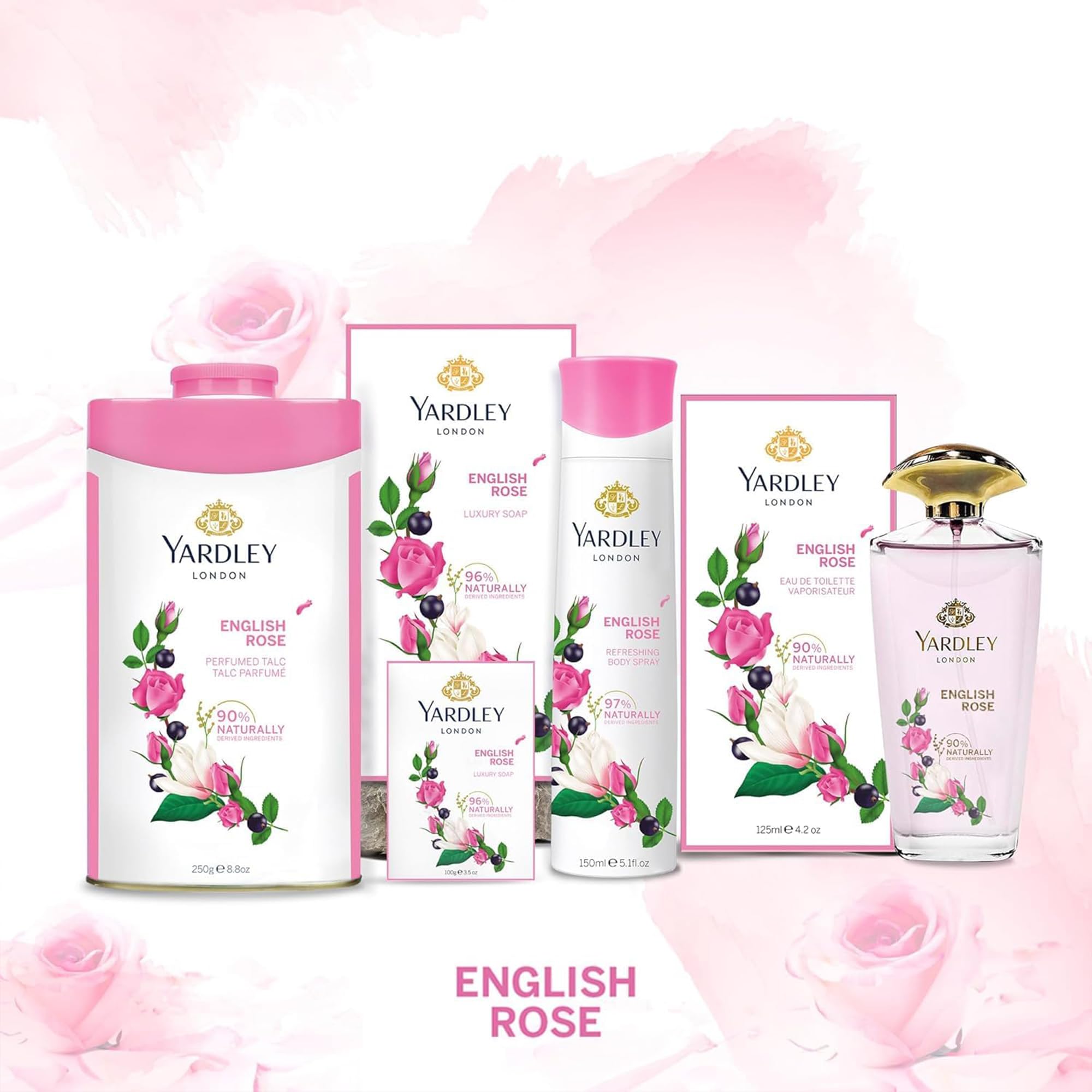 Yardley London talco Rosa, aroma floral que perdura durante el día.
