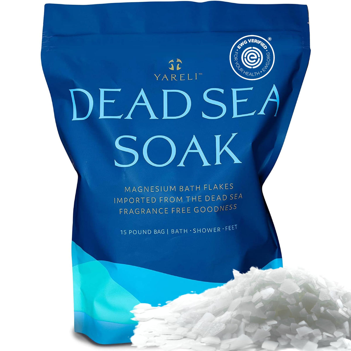 YARELI magnesium flakes in a 15lb bag for easy at-home baths and soaks.