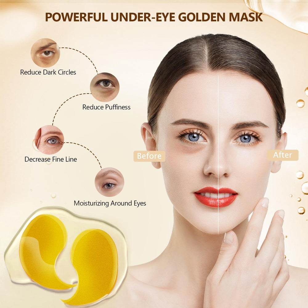 Yargkos 24K gold under-eye patches featuring hyaluronic-acid enriched formula for moisture