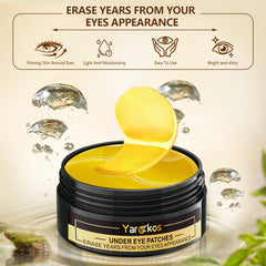 Yargkos 24K gold under-eye patches hydrogel closeup highlighting soothing cooling feel