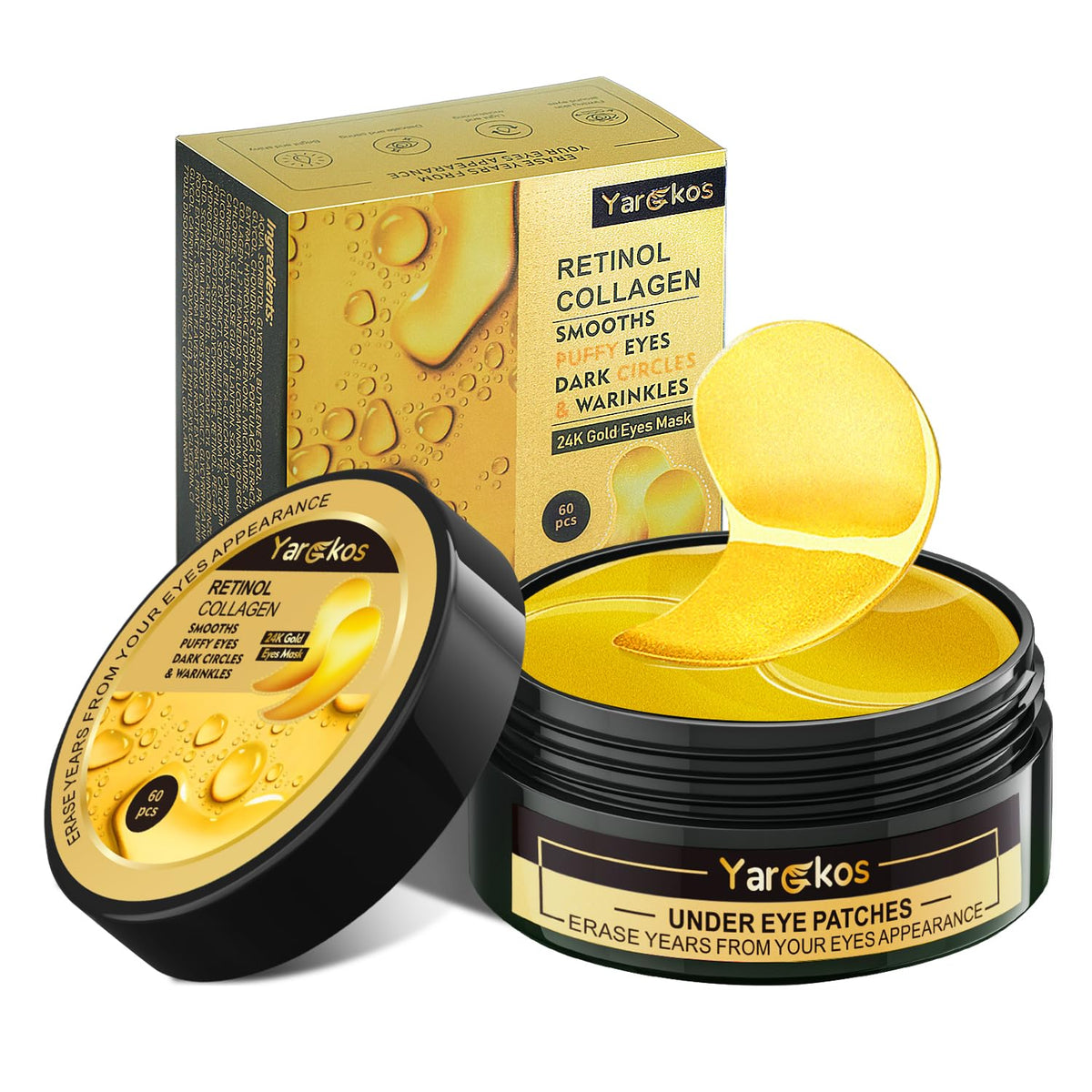 Yargkos 24K gold under-eye patches packaging for brightening and hydrating at-home eye care