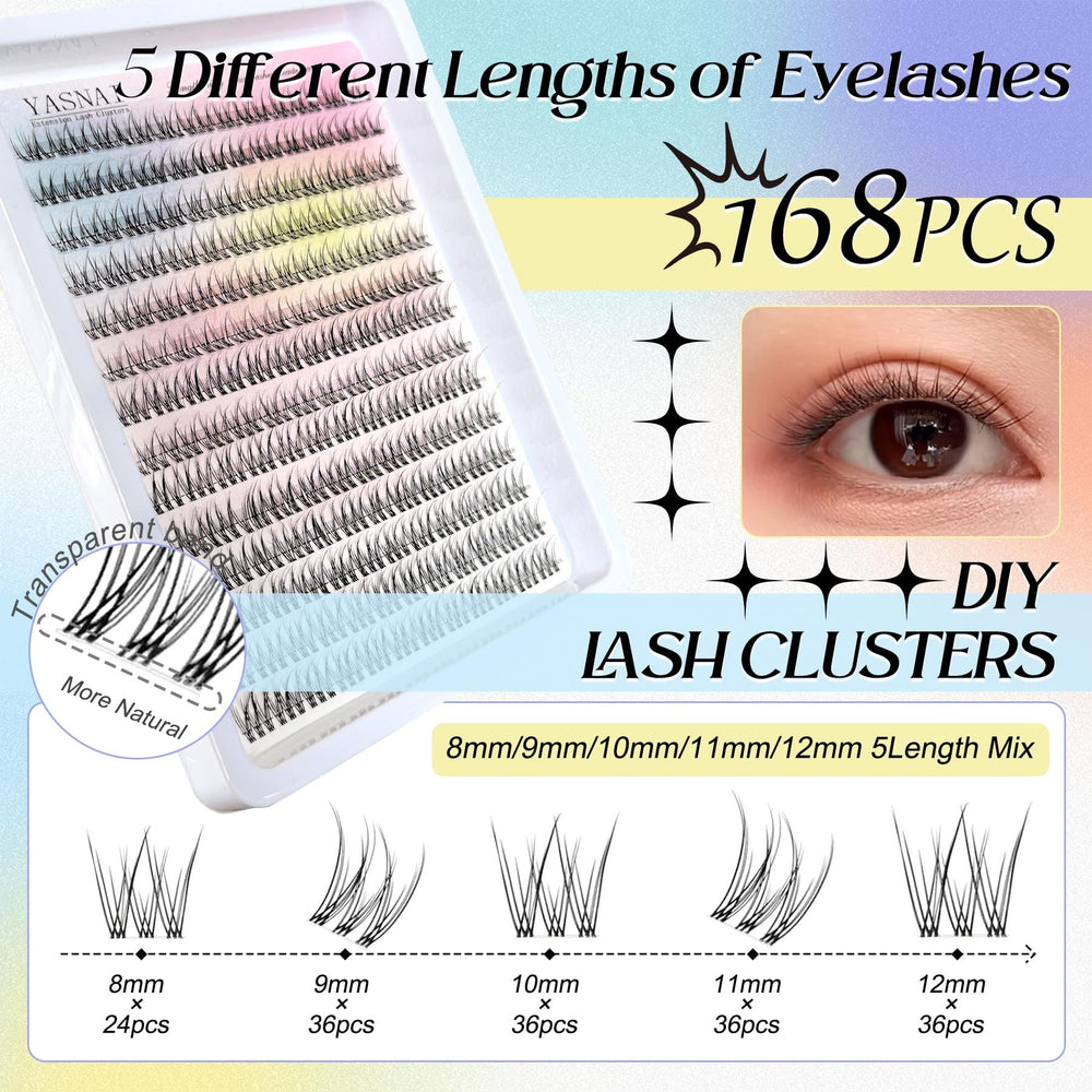YASNAI lash clusters with clear band for comfortable, easy DIY wear.