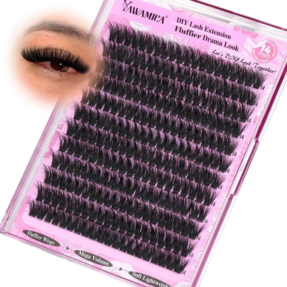 Yawamica 200D volume lash clusters 14mm being applied for a full, airy look.