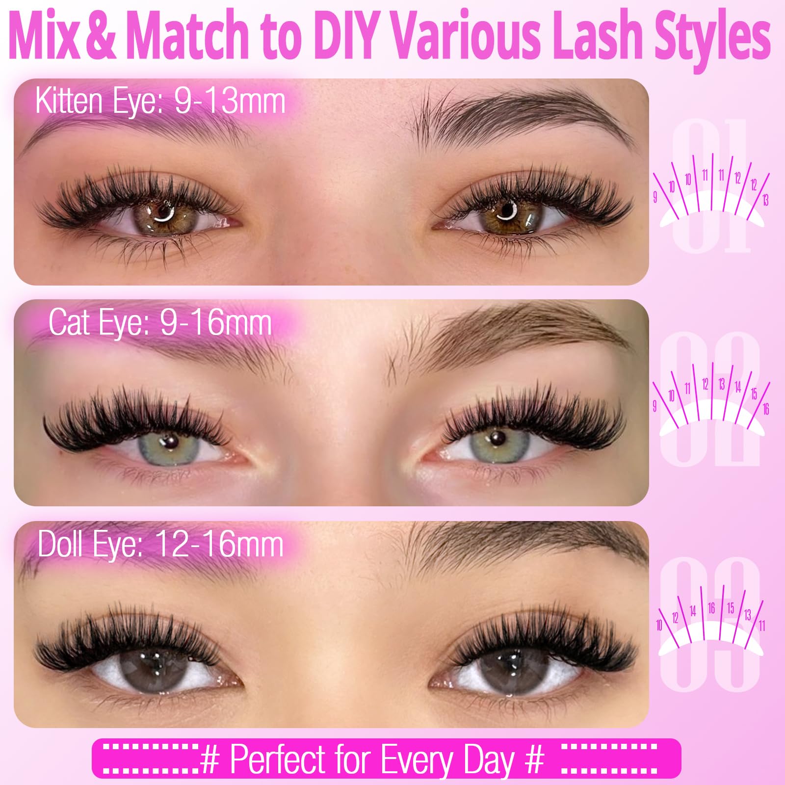 Yawamica 40D D-curly lashes 9-16mm natural-looking clusters.