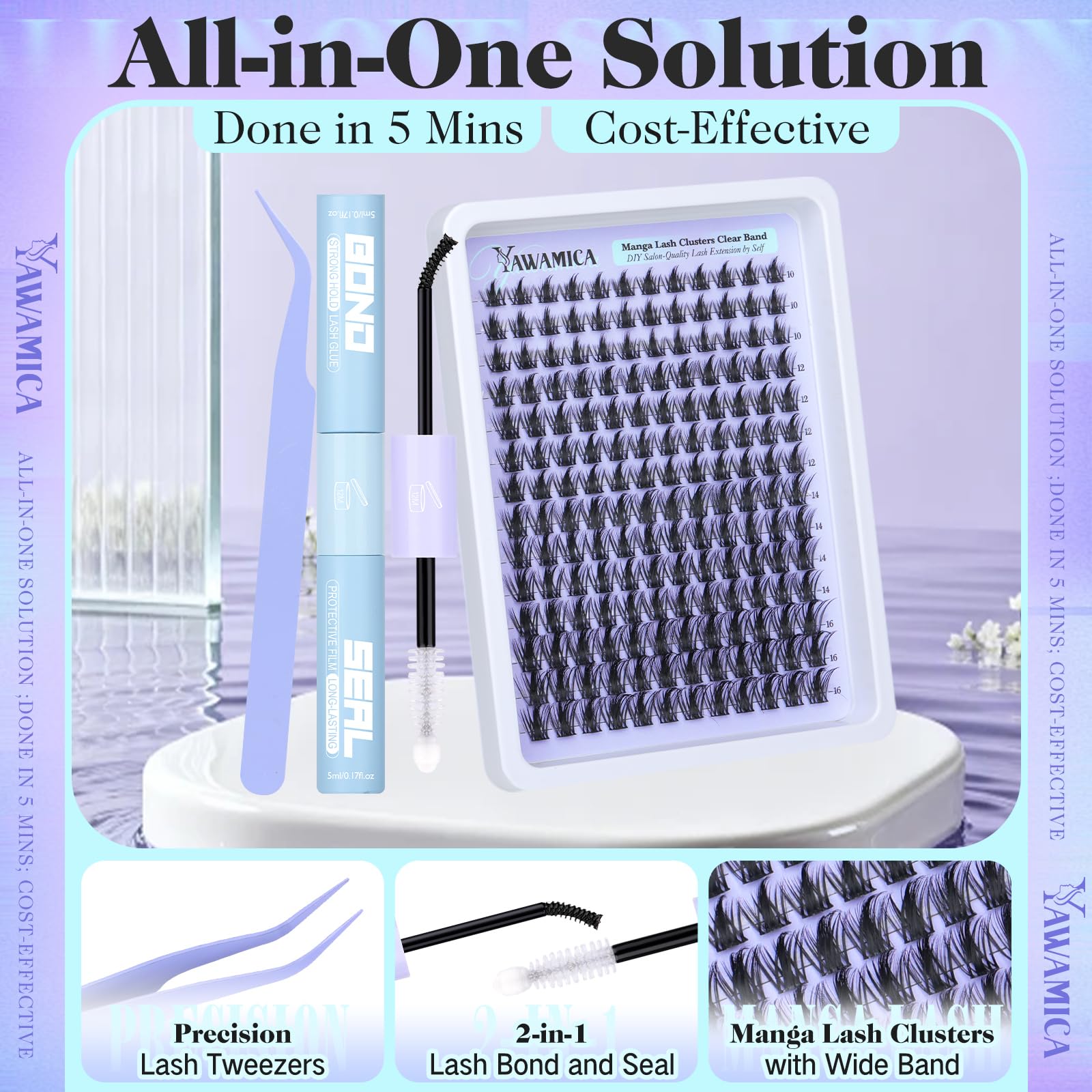 Yawamica all-in-one lash set includes clusters, bond & seal, and tweezers.