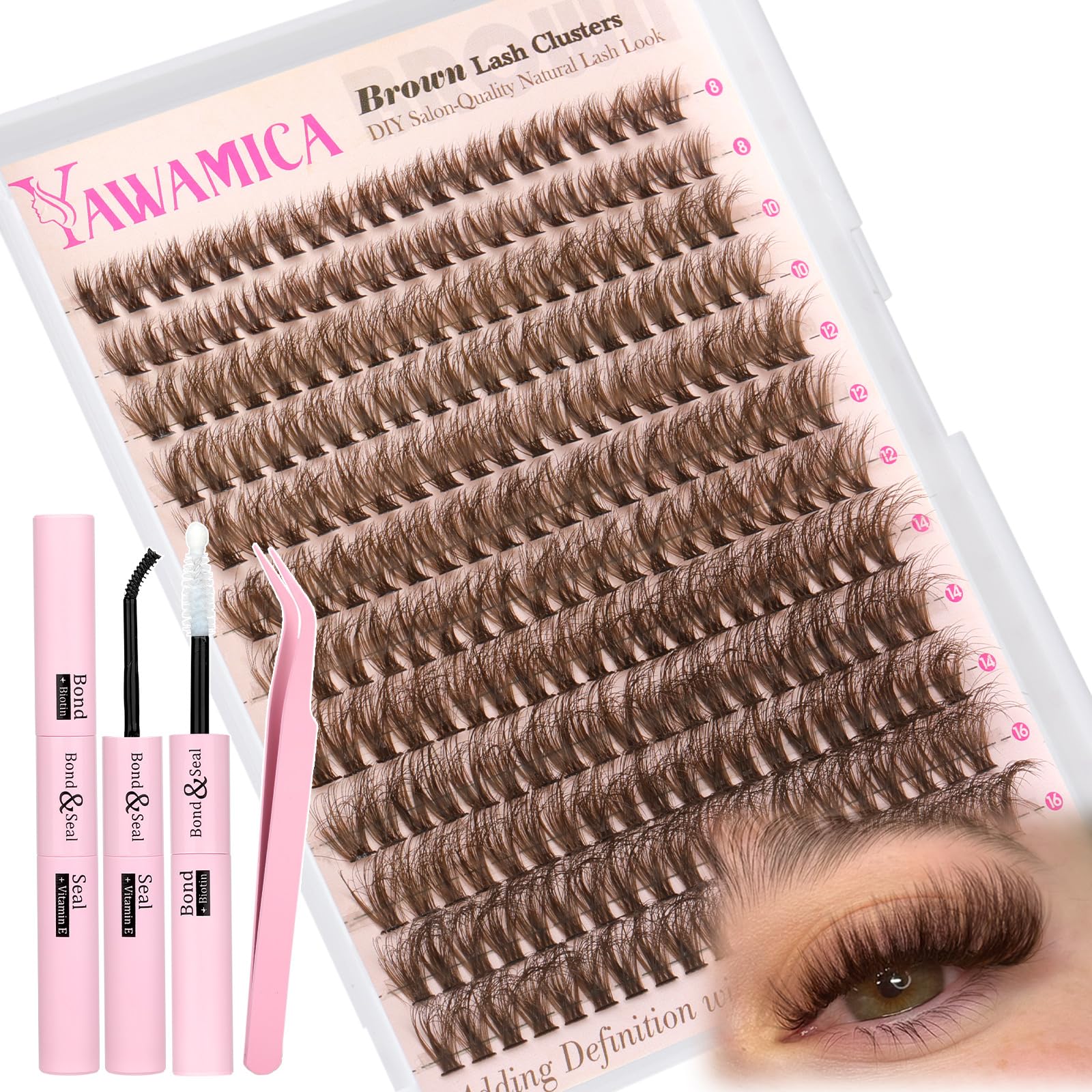 Yawamica brown lash clusters 10-16mm for customizable natural to dramatic looks.