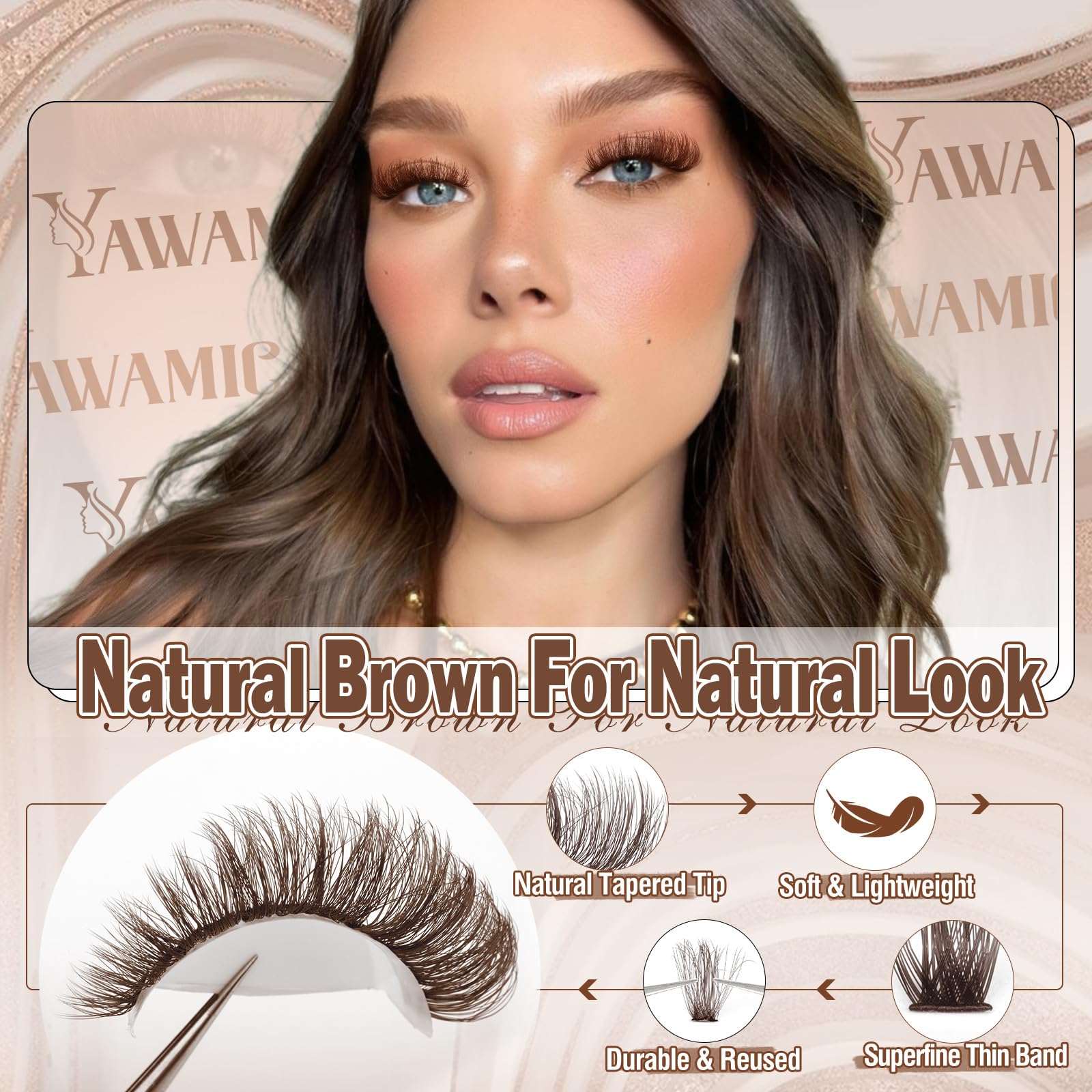 Yawamica brown lash clusters 16mm for dramatic length with brown depth