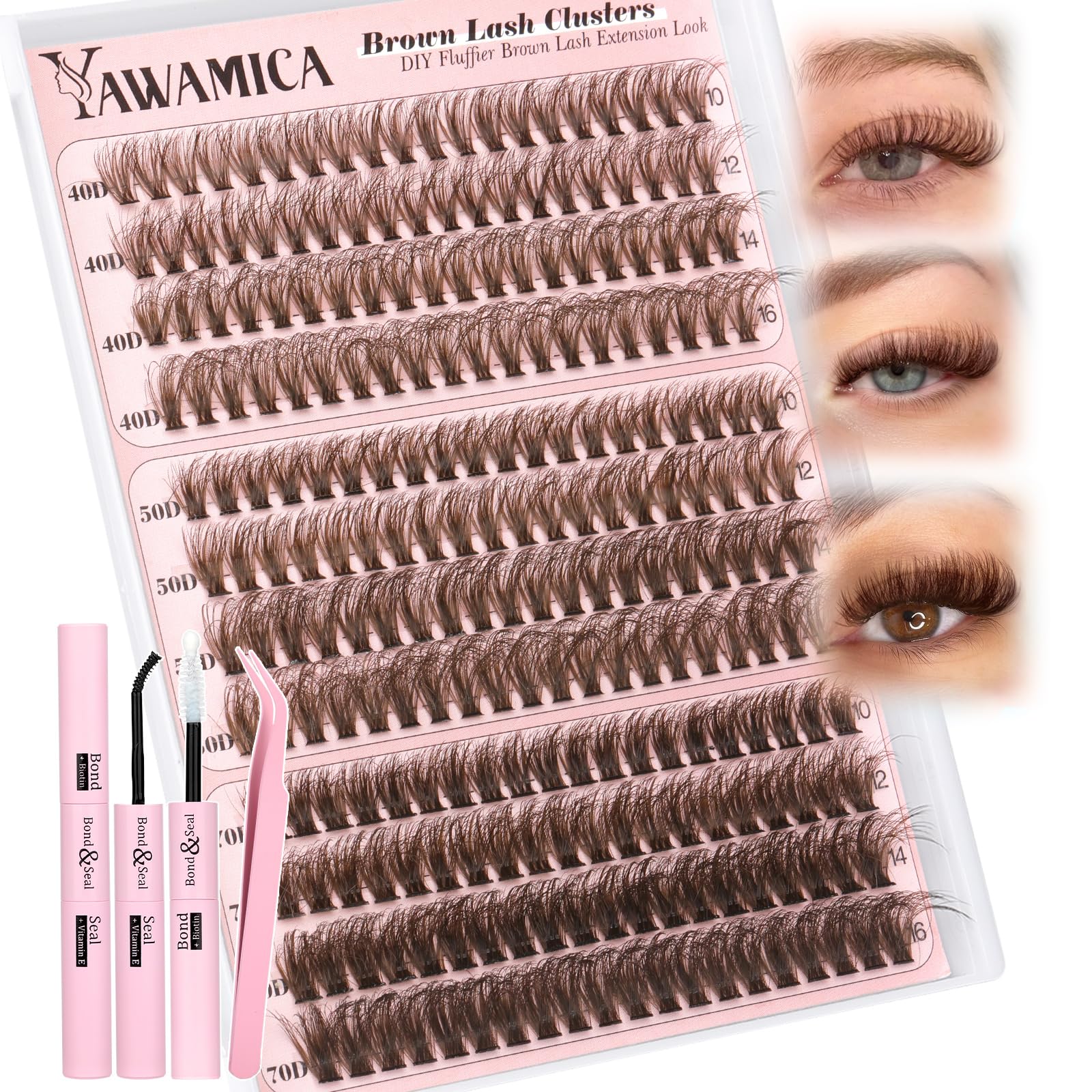 Yawamica brown lash clusters kit packaging for at-home application and results