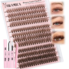 Yawamica brown lash clusters kit packaging for at-home application and results