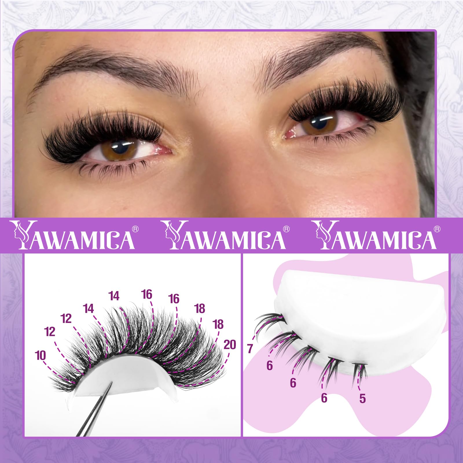 Yawamica cluster lashes with bottom lashes balance and enhance the eye.