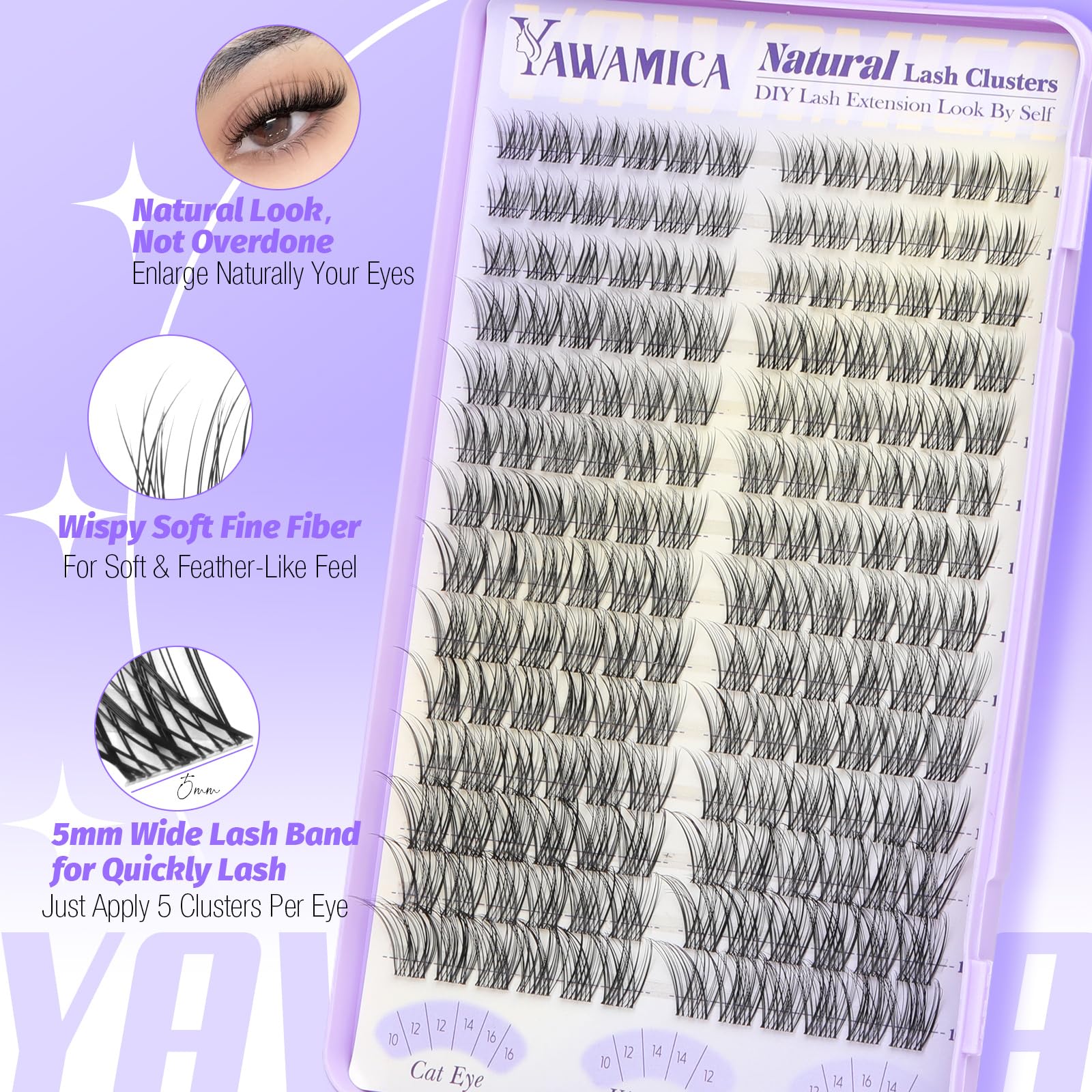 Yawamica C‑curl lash clusters delivering natural curl for 10–16mm.