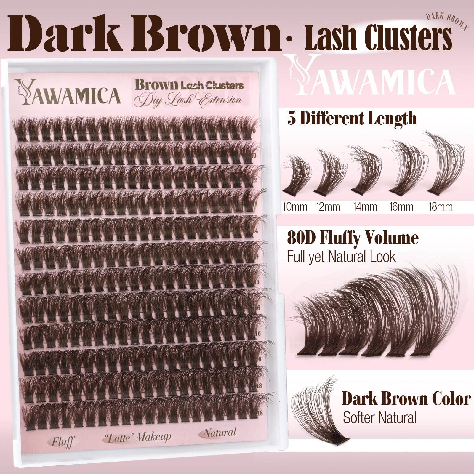 Yawamica D curl lash clusters 10–18mm for customizable styles.