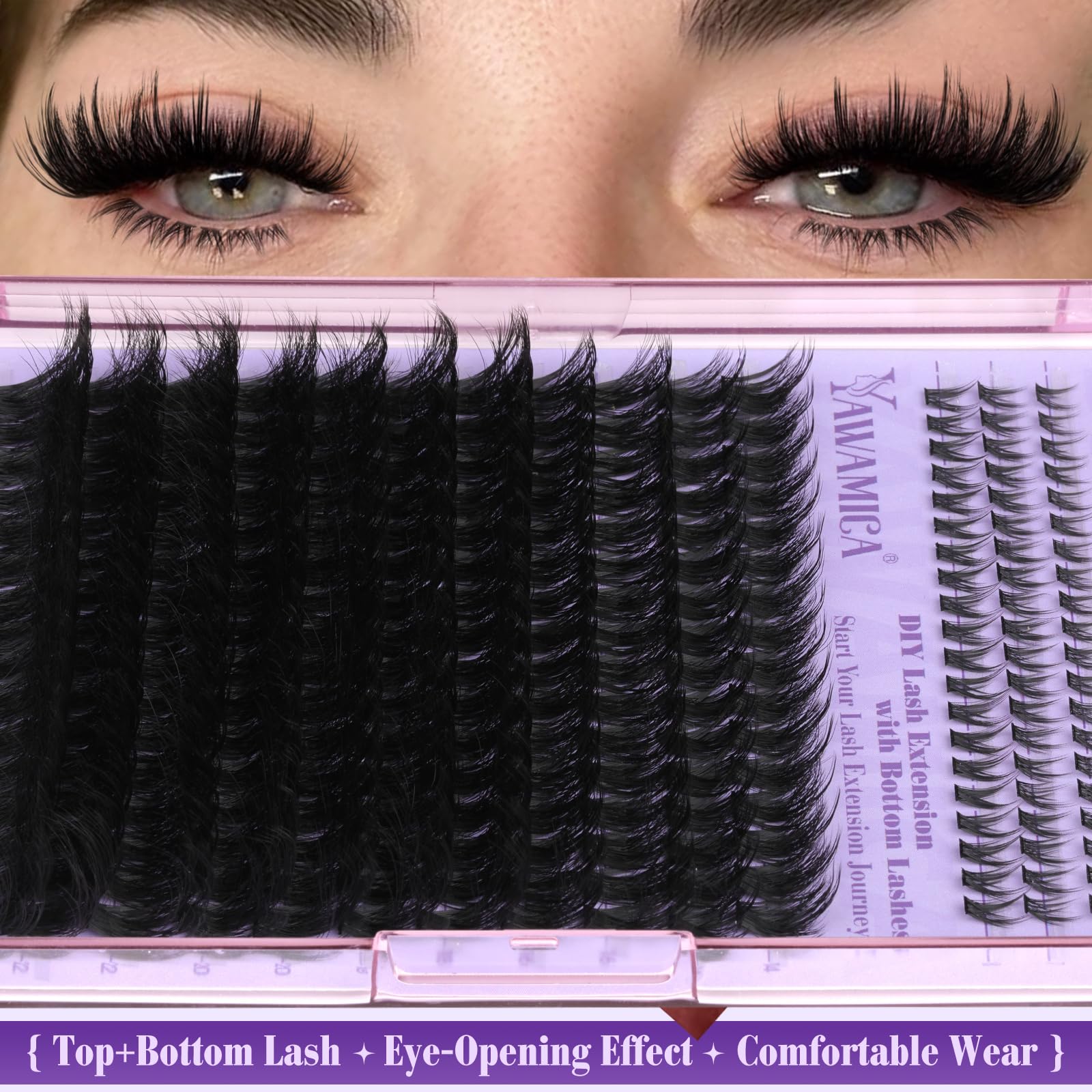 Yawamica D Curl clusters lift lashes while keeping a natural blend.