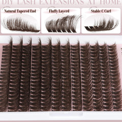 Yawamica DIY lash extension at home guide with brown clusters.