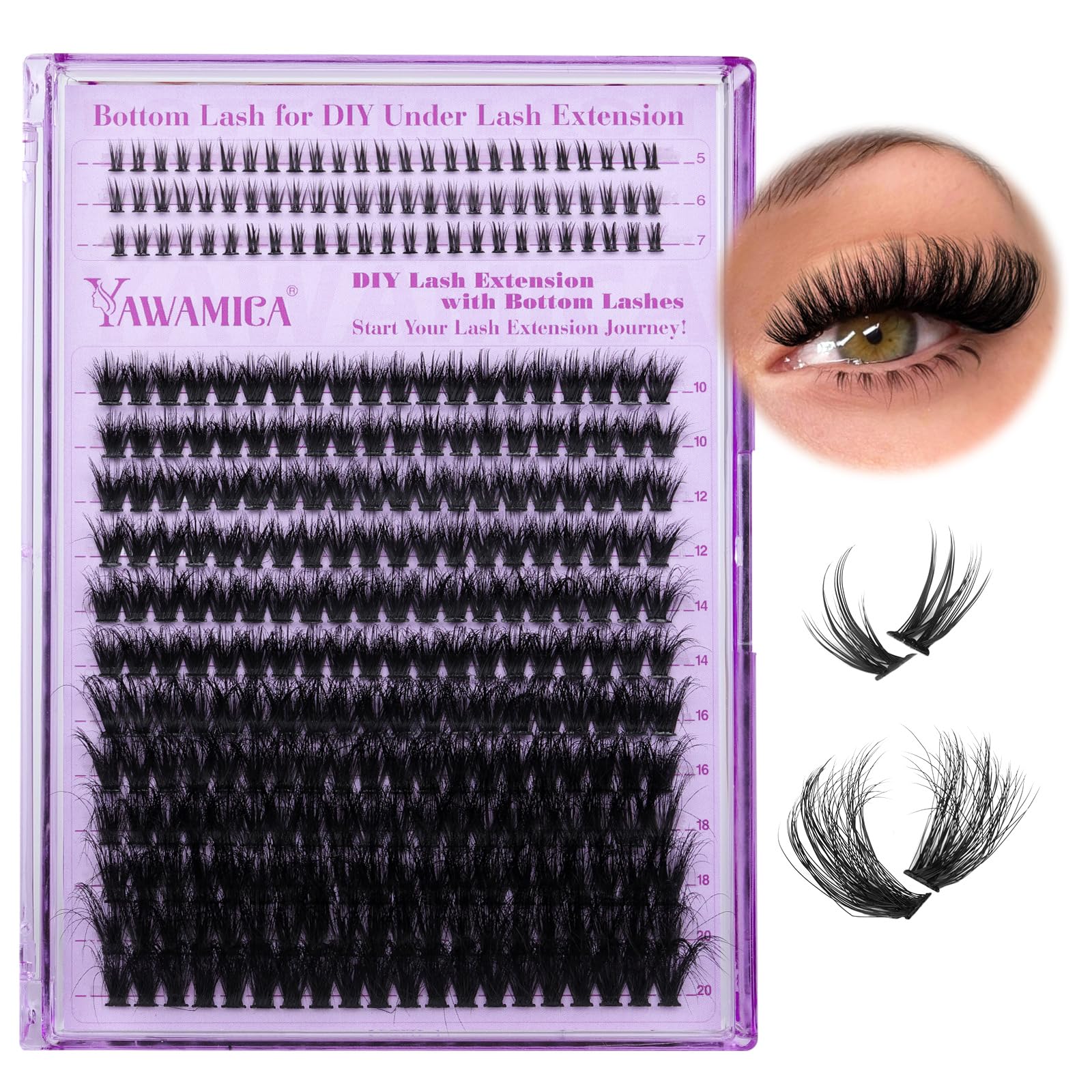 Yawamica fluffy cluster lashes top view for salon-like volume at home.