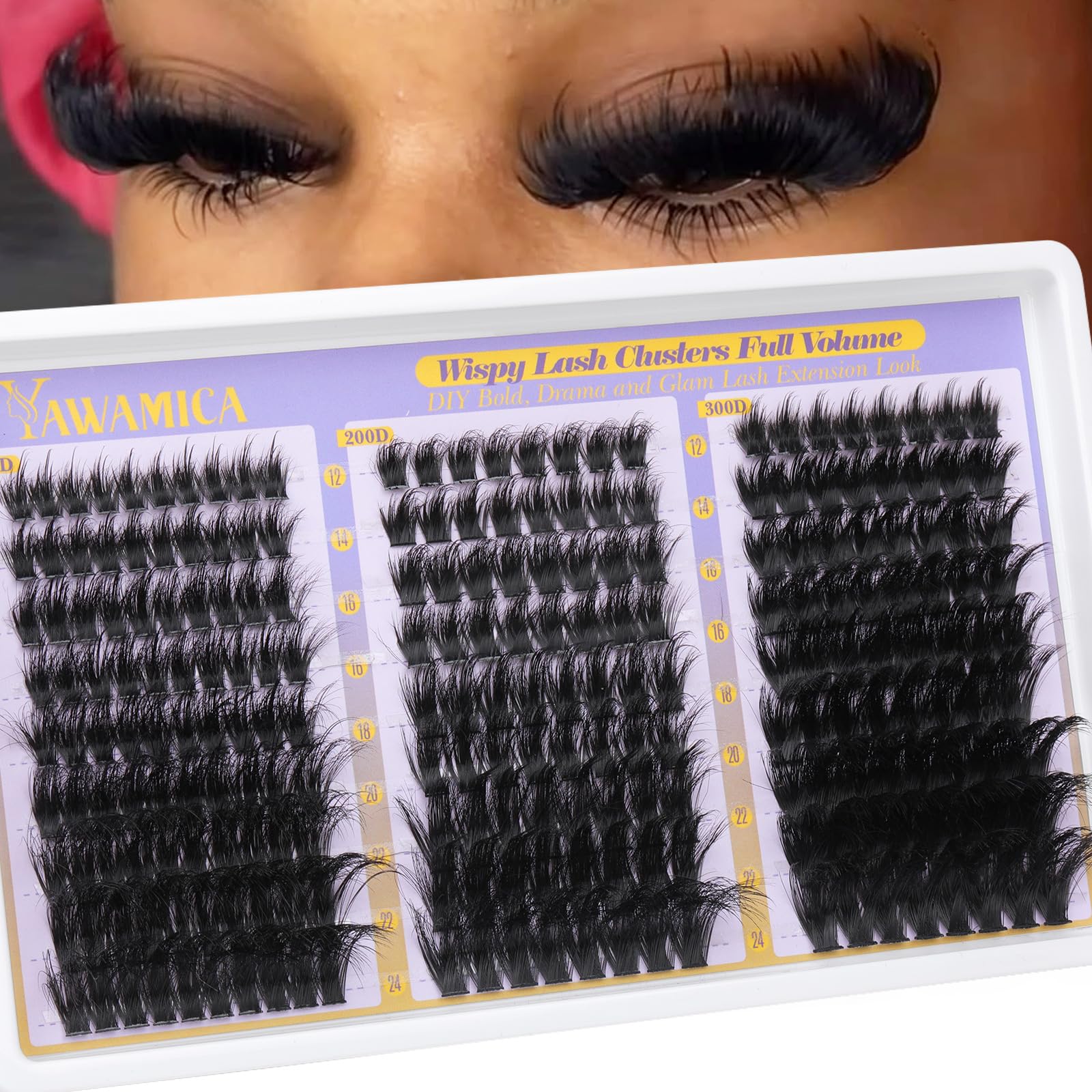 Yawamica fluffy lash clusters in mixed volume for dramatic eyes.