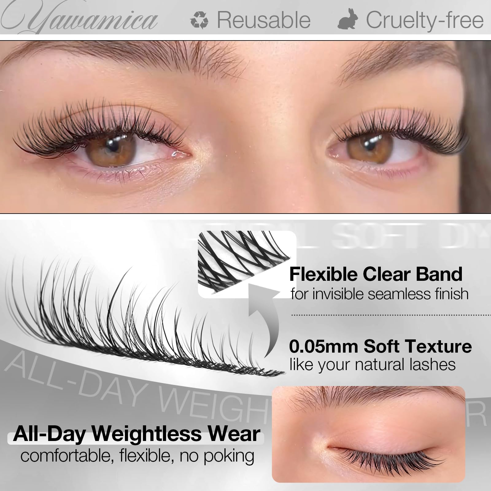 Yawamica invisible clear band delivers seamless lash roots.