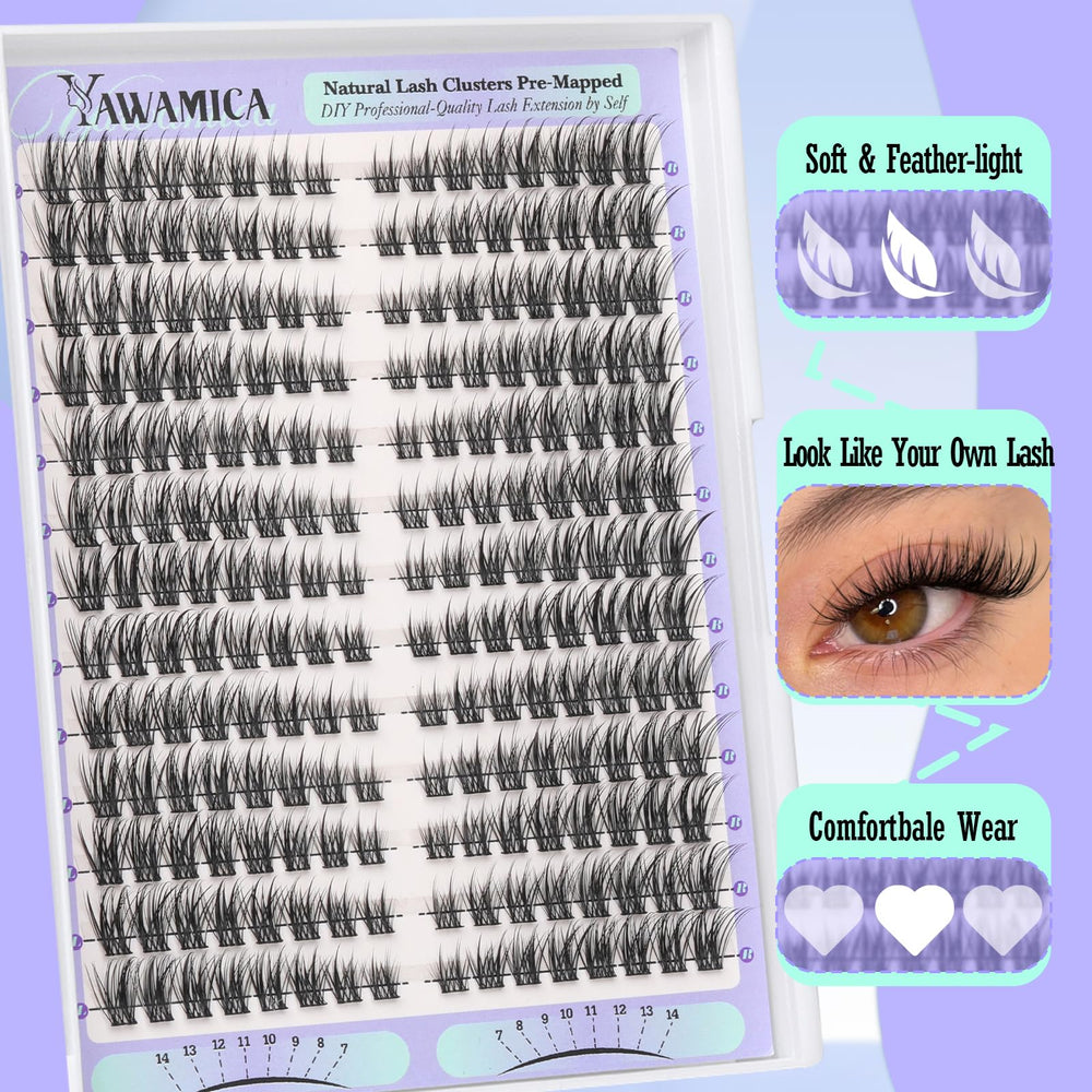 Yawamica natural lash clusters cat-eye 10mm defines outer corners with open-eyed effect.