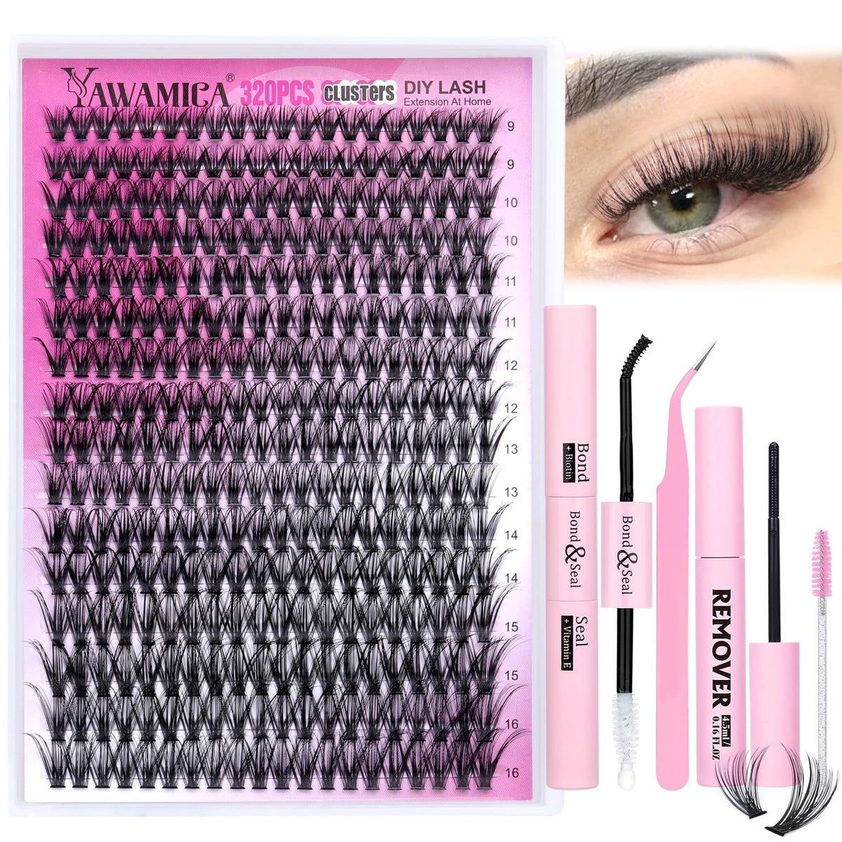 Yawamica lash clusters kit 320pcs for at-home DIY extensions.