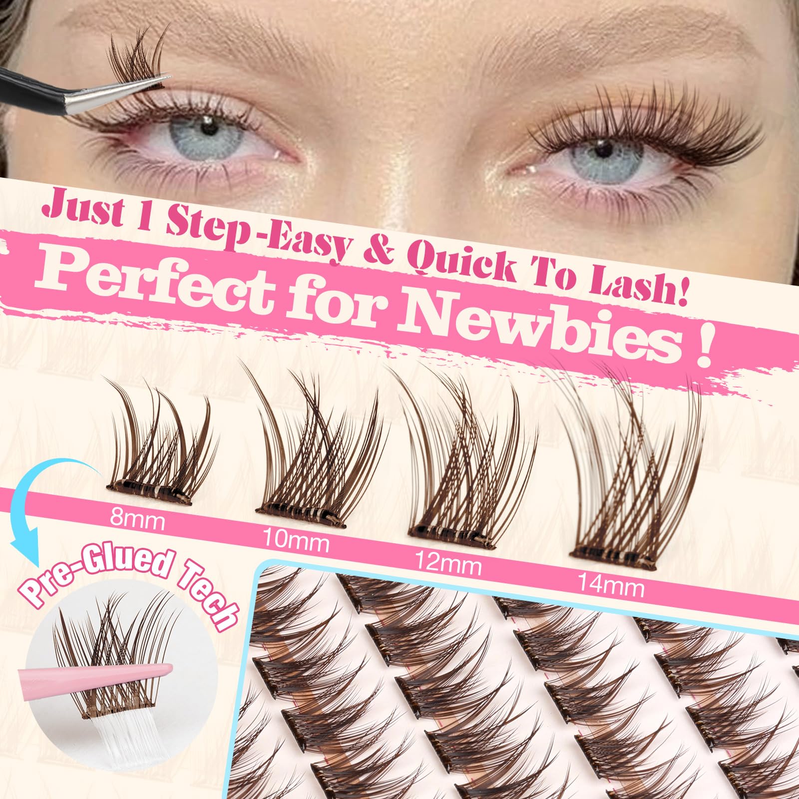 Yawamica pre-glued lash clusters for 8-14mm length customization
