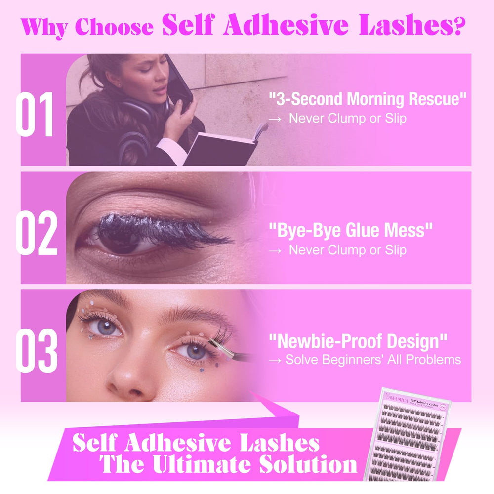 Yawamica self-adhesive lash application close-up showing quick 3-second style.