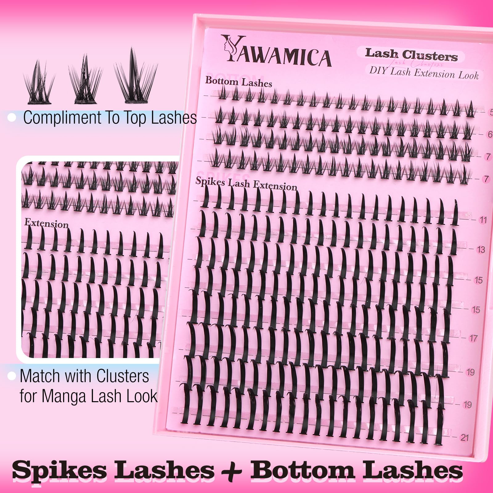 Yawamica spike lashes 11-21mm add manga-style drama under clusters.