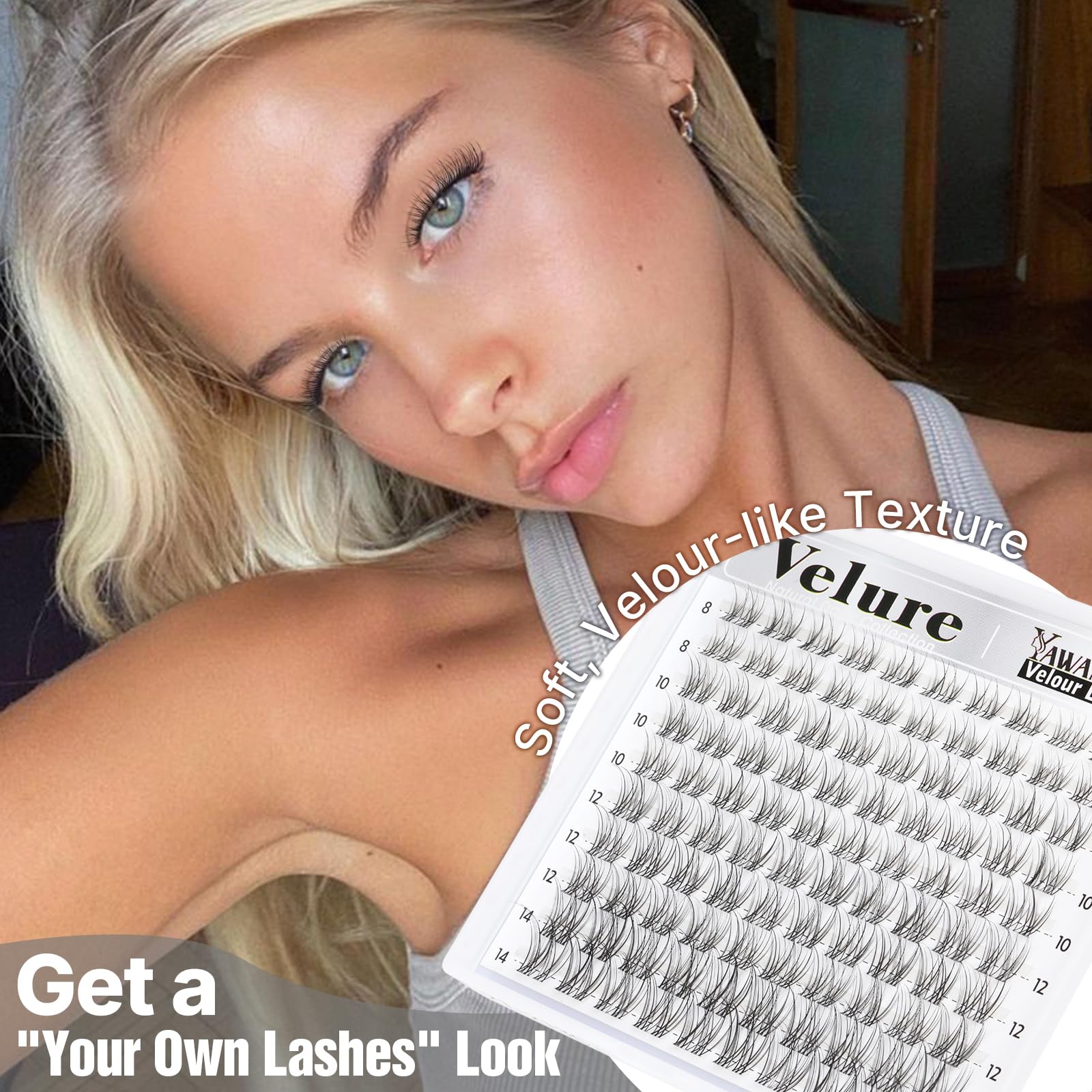 Yawamica Velure lash clusters 10mm wispy style for subtle lift.