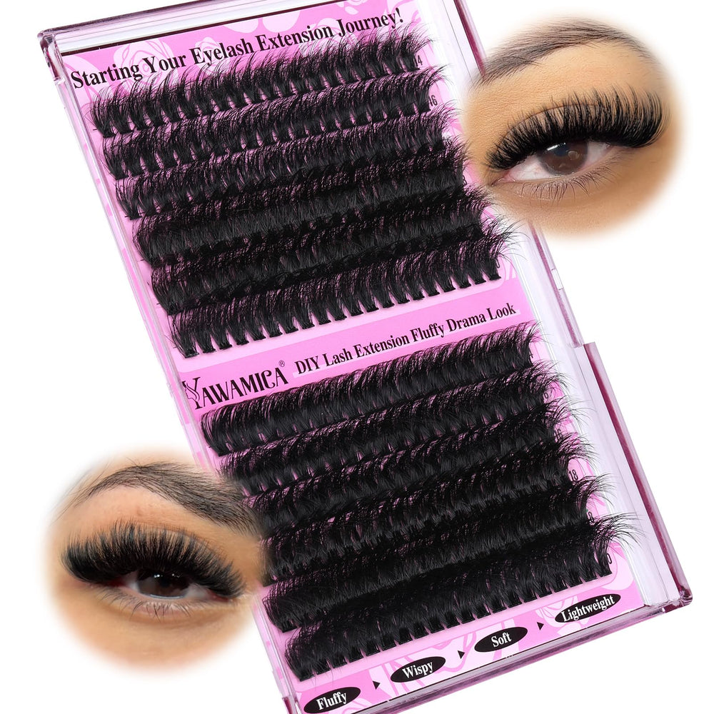 Yawamica wispy cluster lashes close-up with 14-20mm D-curly volume for a dramatic look.