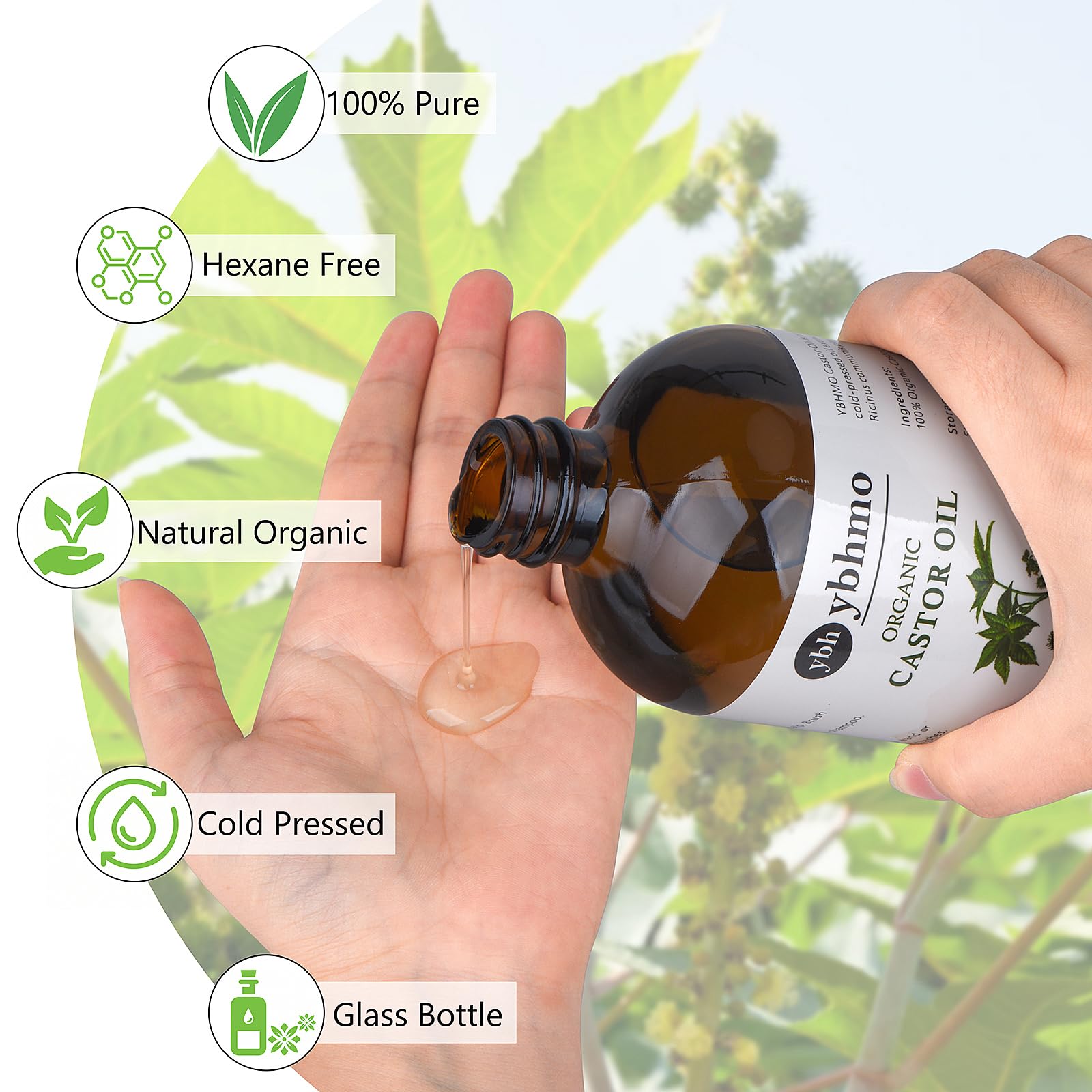 YBHMO aceite de ricino puro en envase de vidrio para mayor calidad