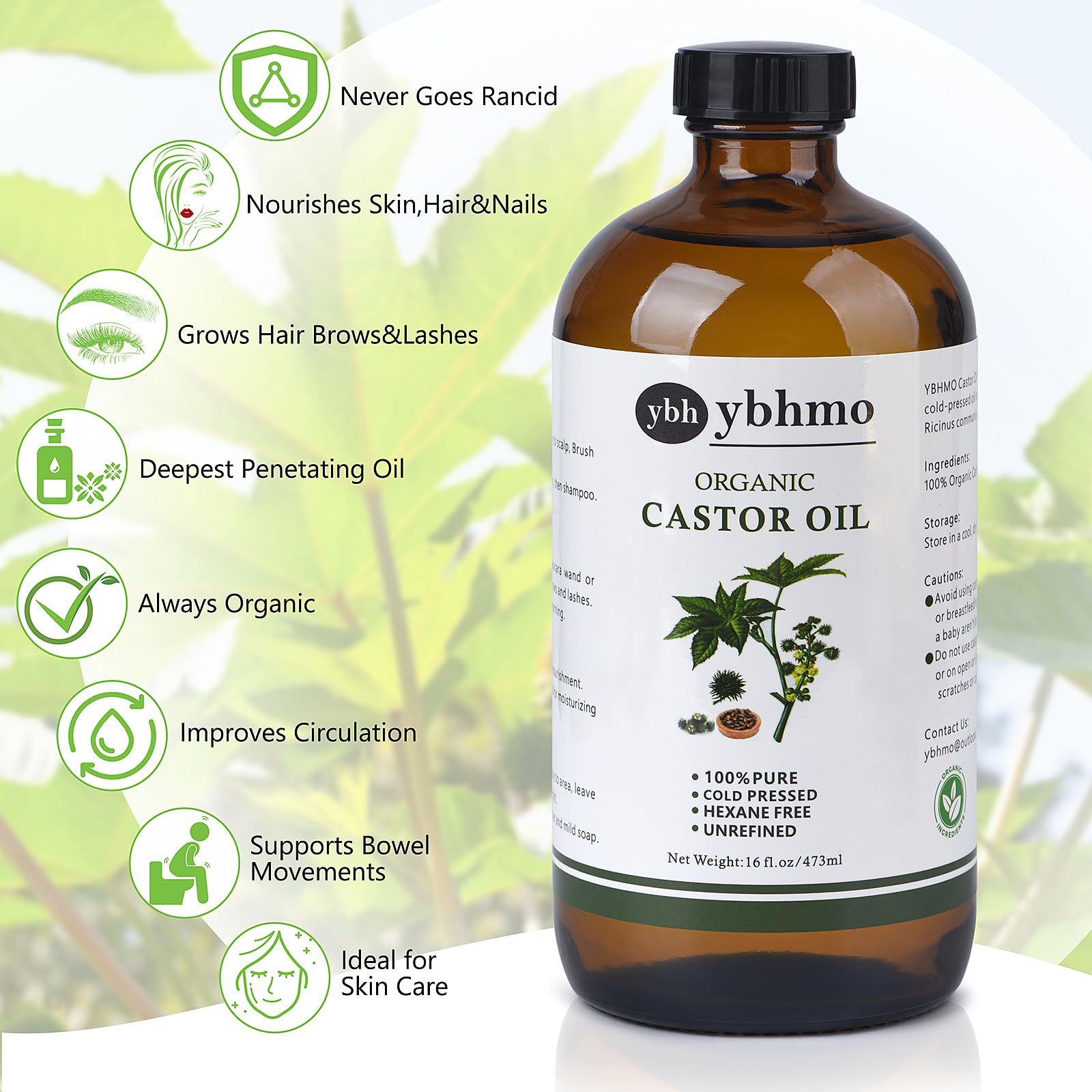YBHMO cabello brilla con aceite de ricino, foco en brillo natural