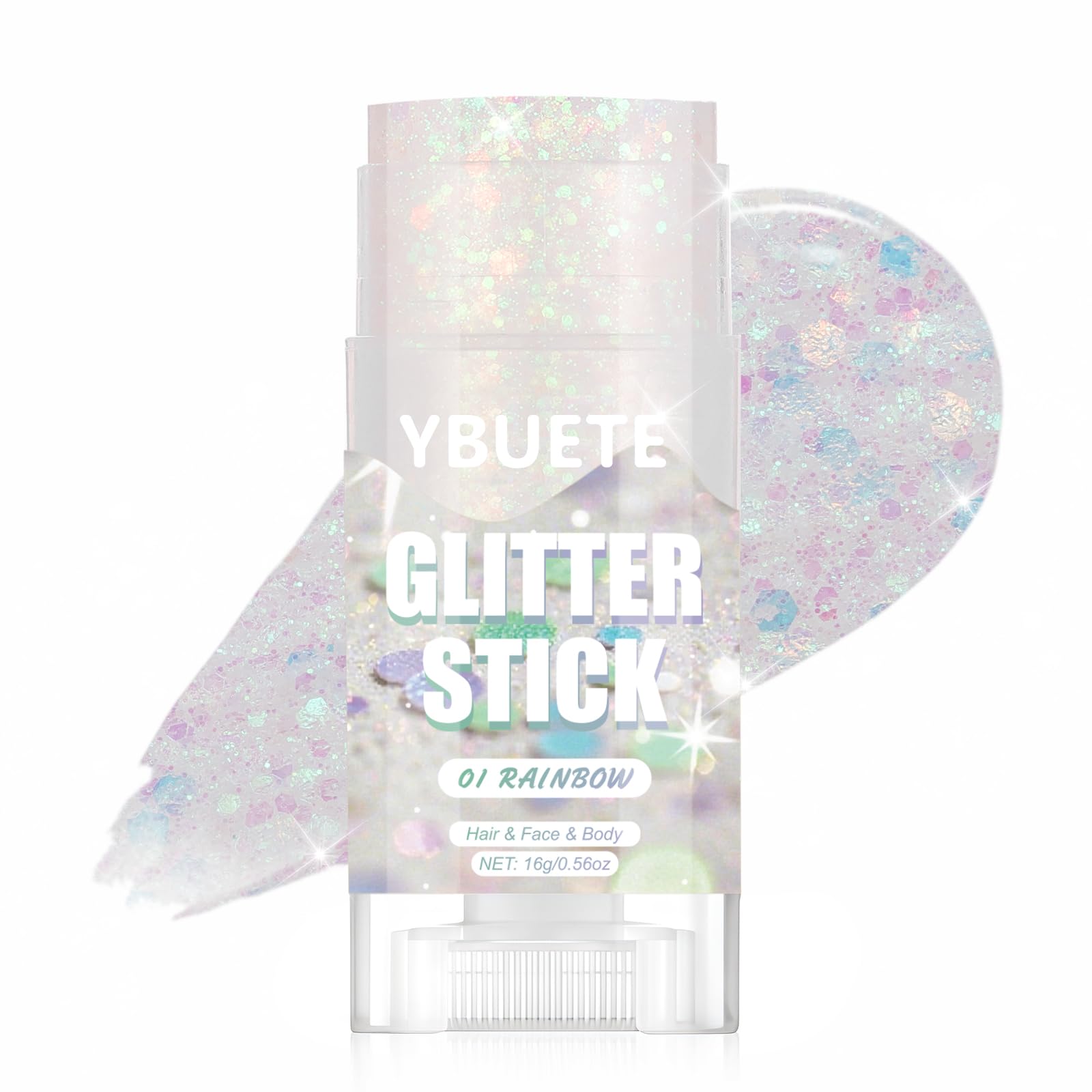 YBUETE Rainbow Glitter Stick shows rotation mechanism for precise on the go sparkle