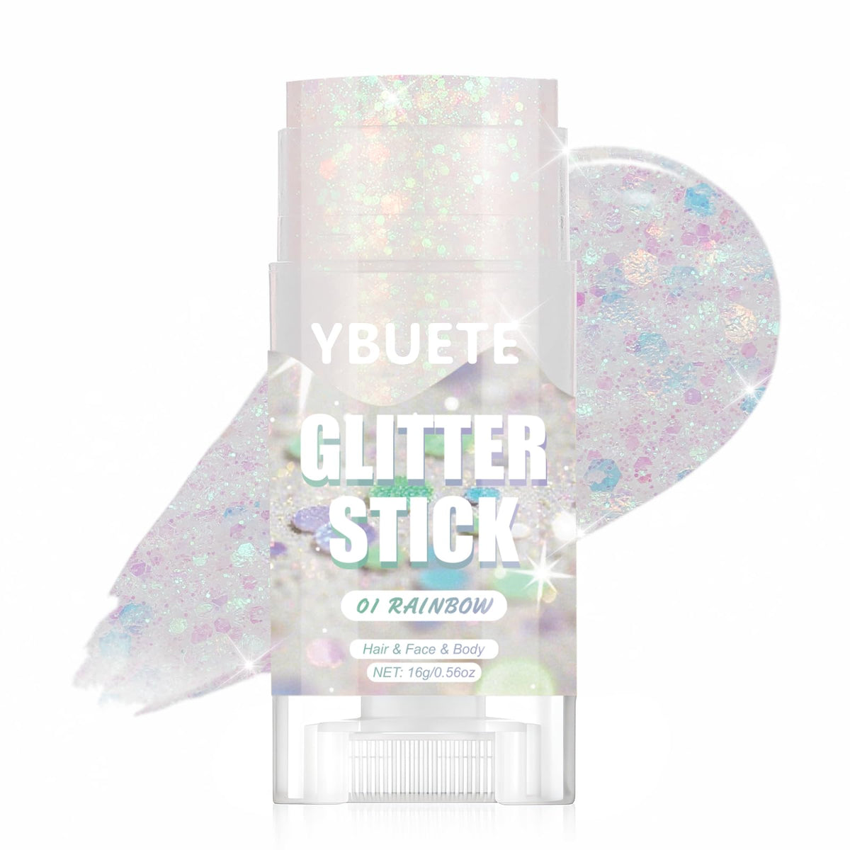 YBUETE Rainbow Glitter Stick shows rotation mechanism for precise on the go sparkle