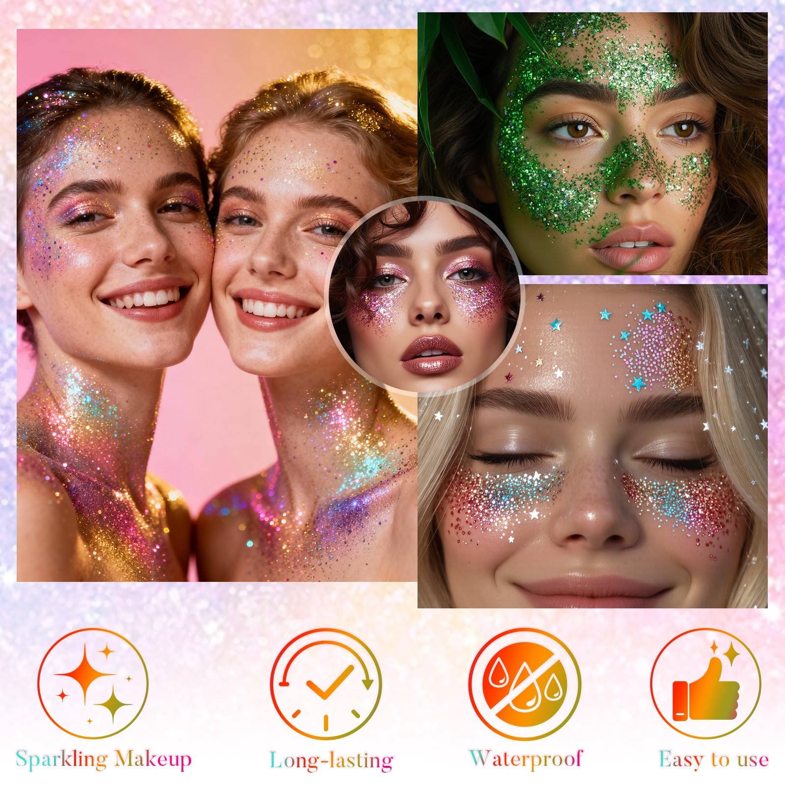YBUETE Rainbow Glitter Stick highlights shoulder and collarbone for radiant festival look