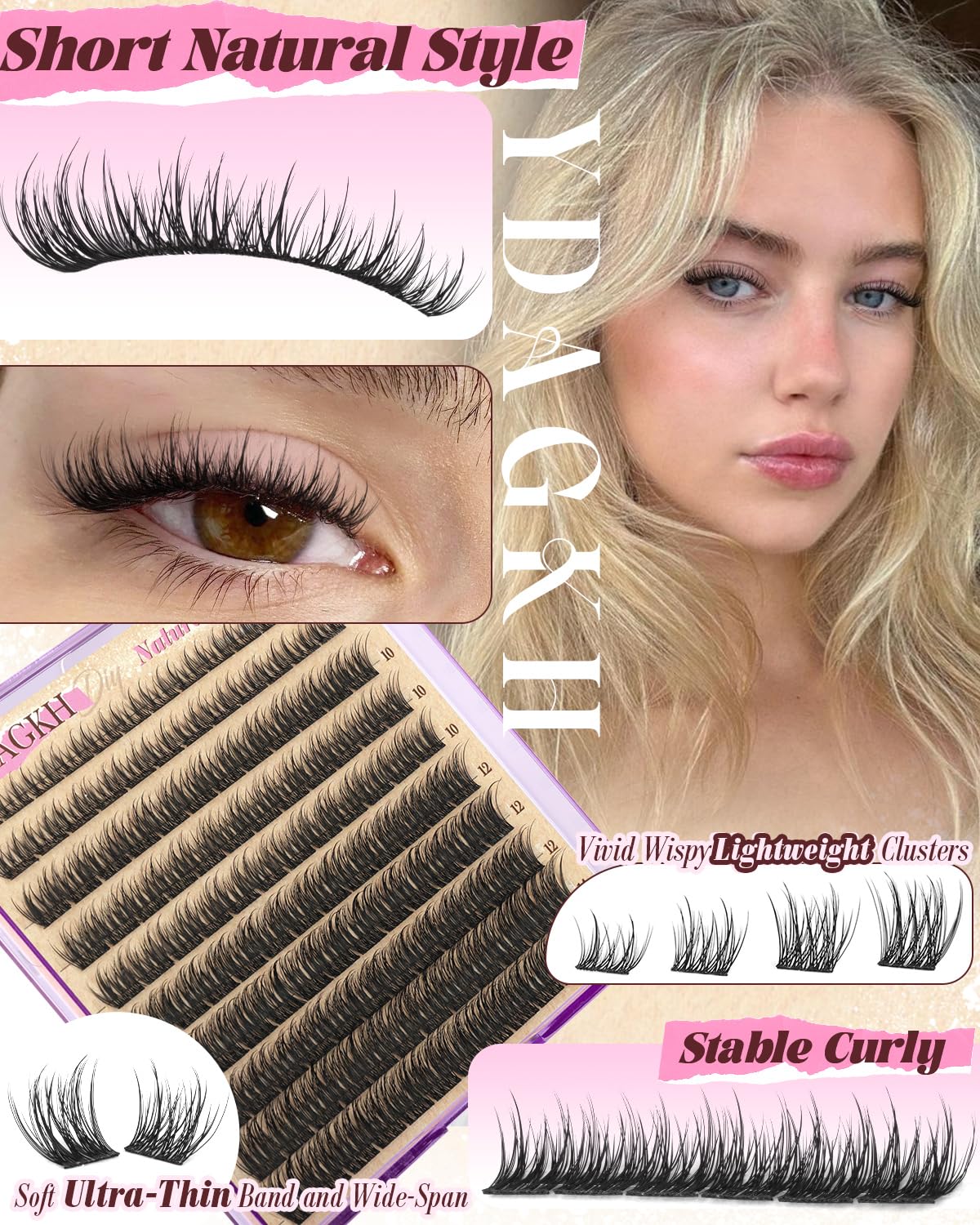 YDAGKH short lash clusters in 10mm for subtle length and definition.