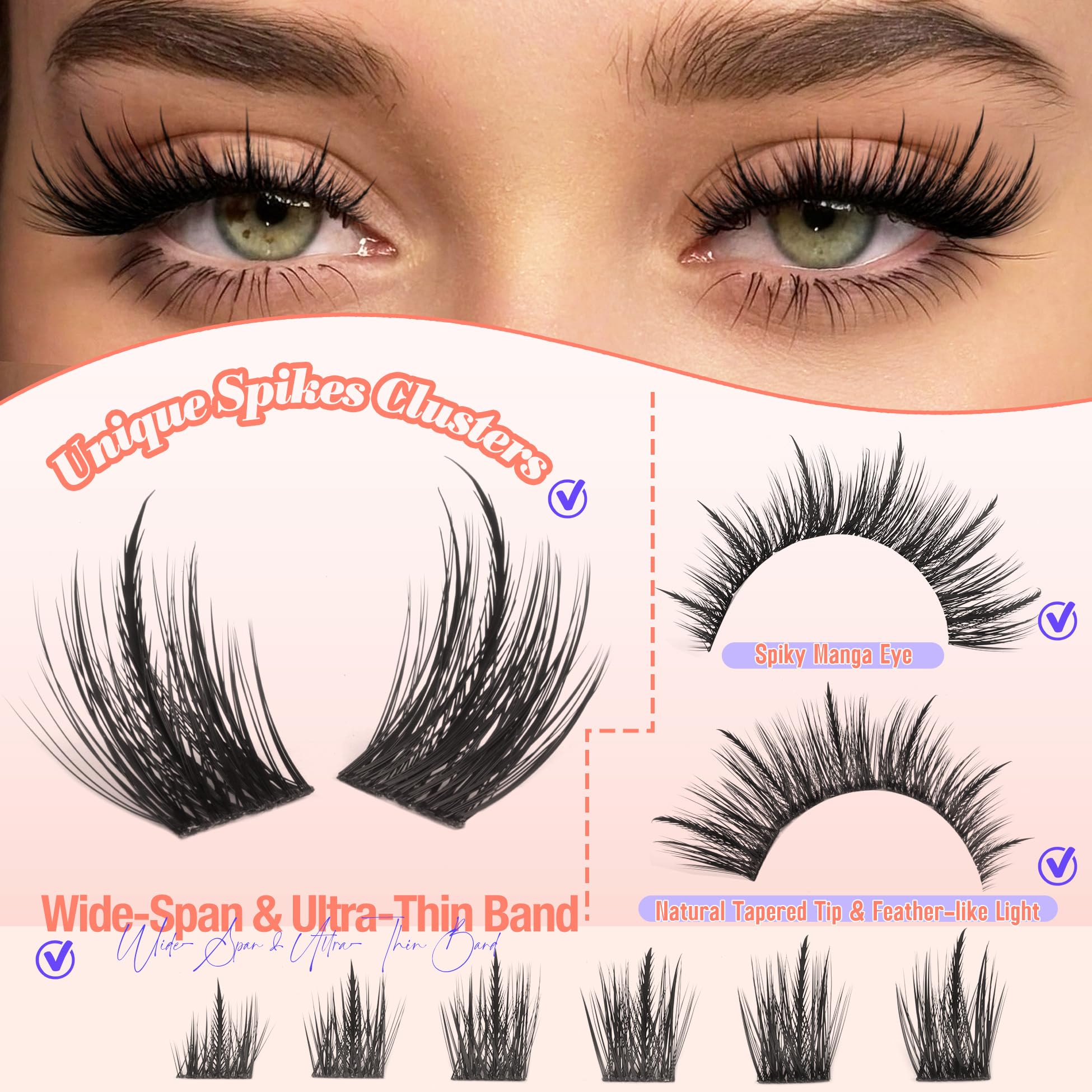 YDAGKH Spikes lash clusters wispy manga style enhances outer corners.