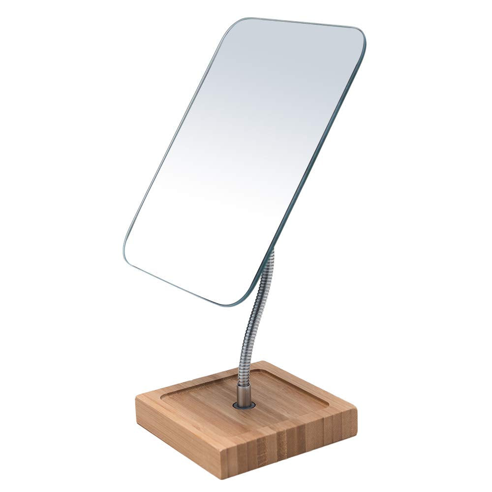 YEAKE flexible gooseneck bamboo vanity mirror base enables stable positioning for makeup tasks.