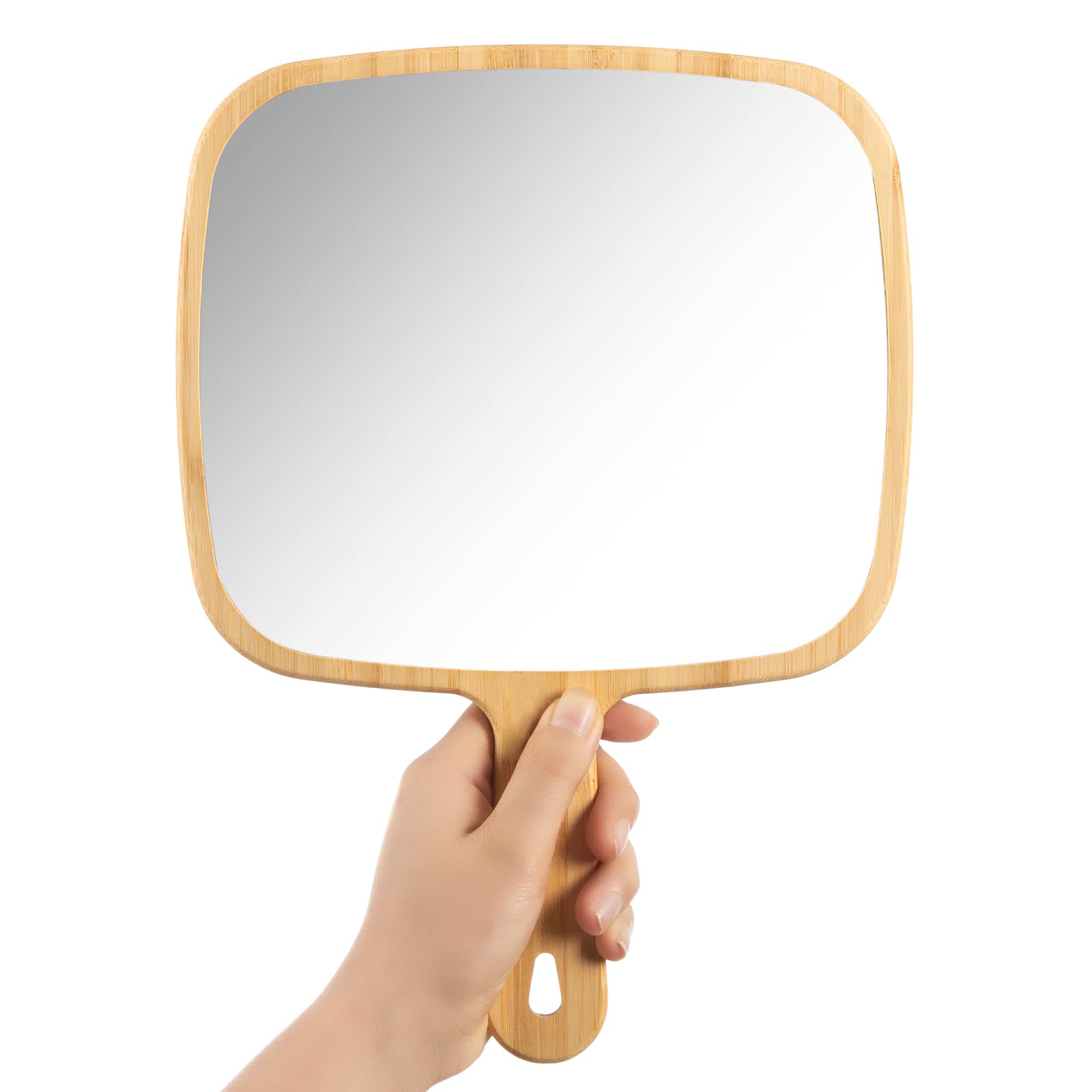 YEAKE hand mirror with extra-large bamboo handle for easy grooming.