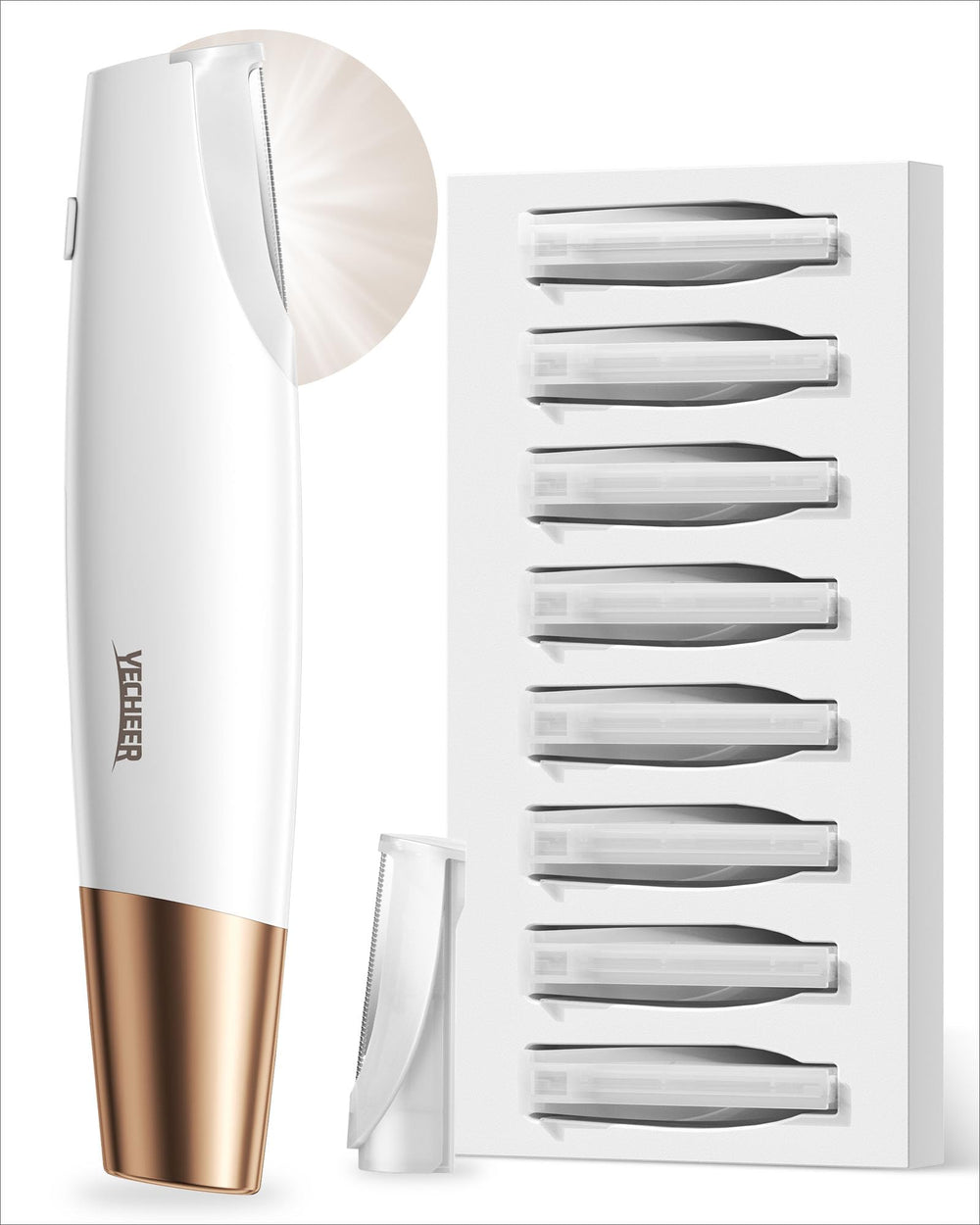 YeCheer Dermaplane Razor with LED light highlights precise peach fuzz removal for at-home grooming.