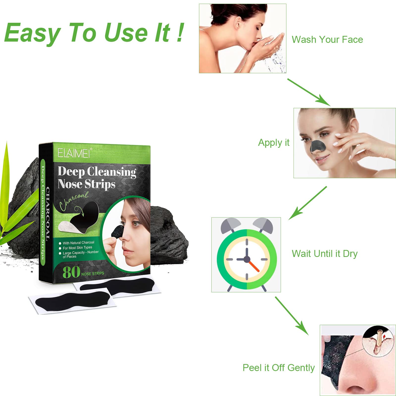 Yecuce ELAIMEI pore strips results depicting cleaner, smoother skin.