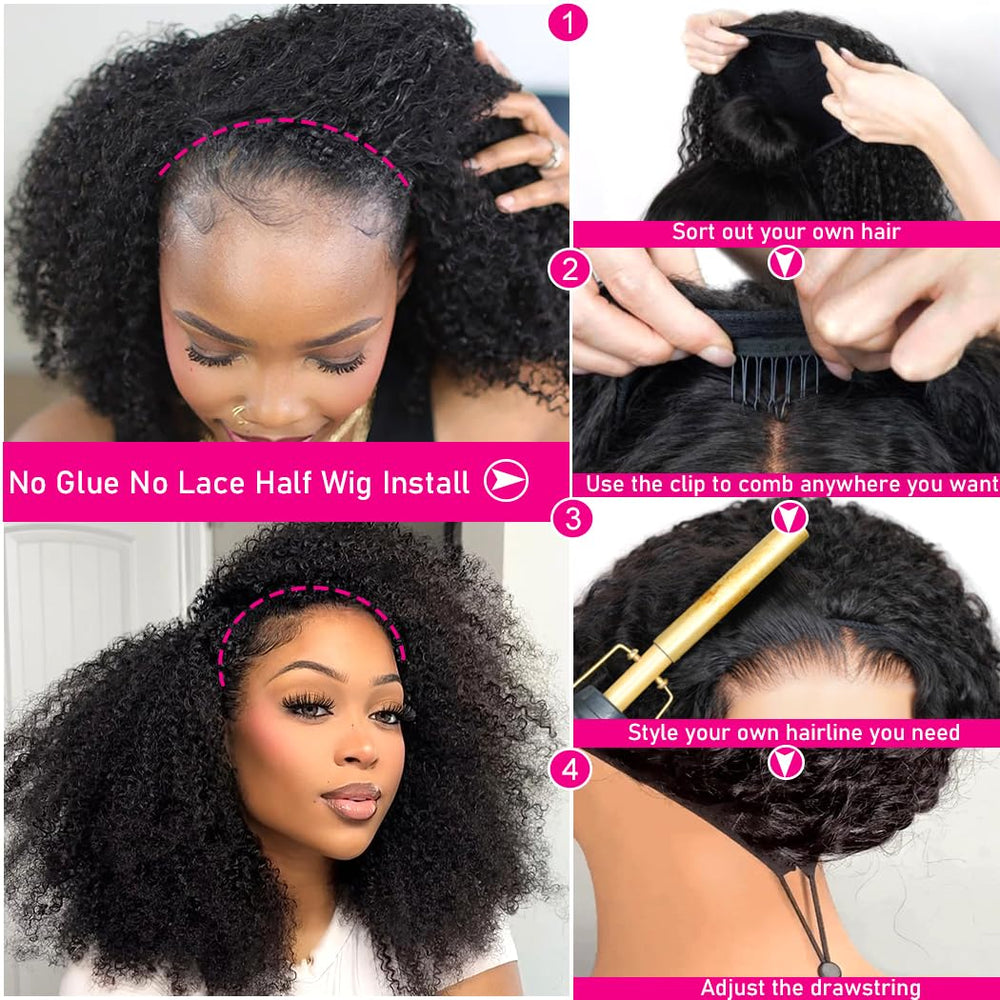 Yeelice Hair Kinky Curly Half Wig ponytail style option demonstrated.