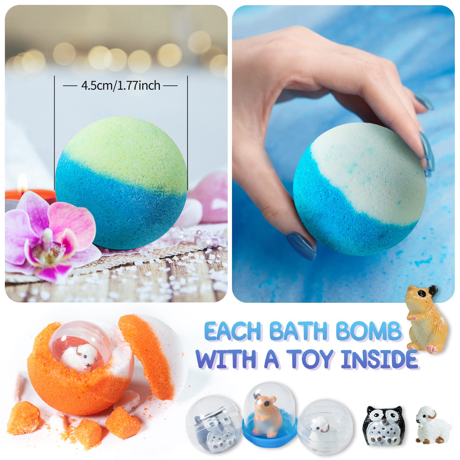 Yekery 20-piece bath bombs on display show variety and value for bathtime.