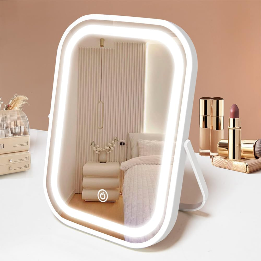 YEKKOPT travel makeup mirror with lights, front view, dimmable LEDs for precise on-the-go makeup