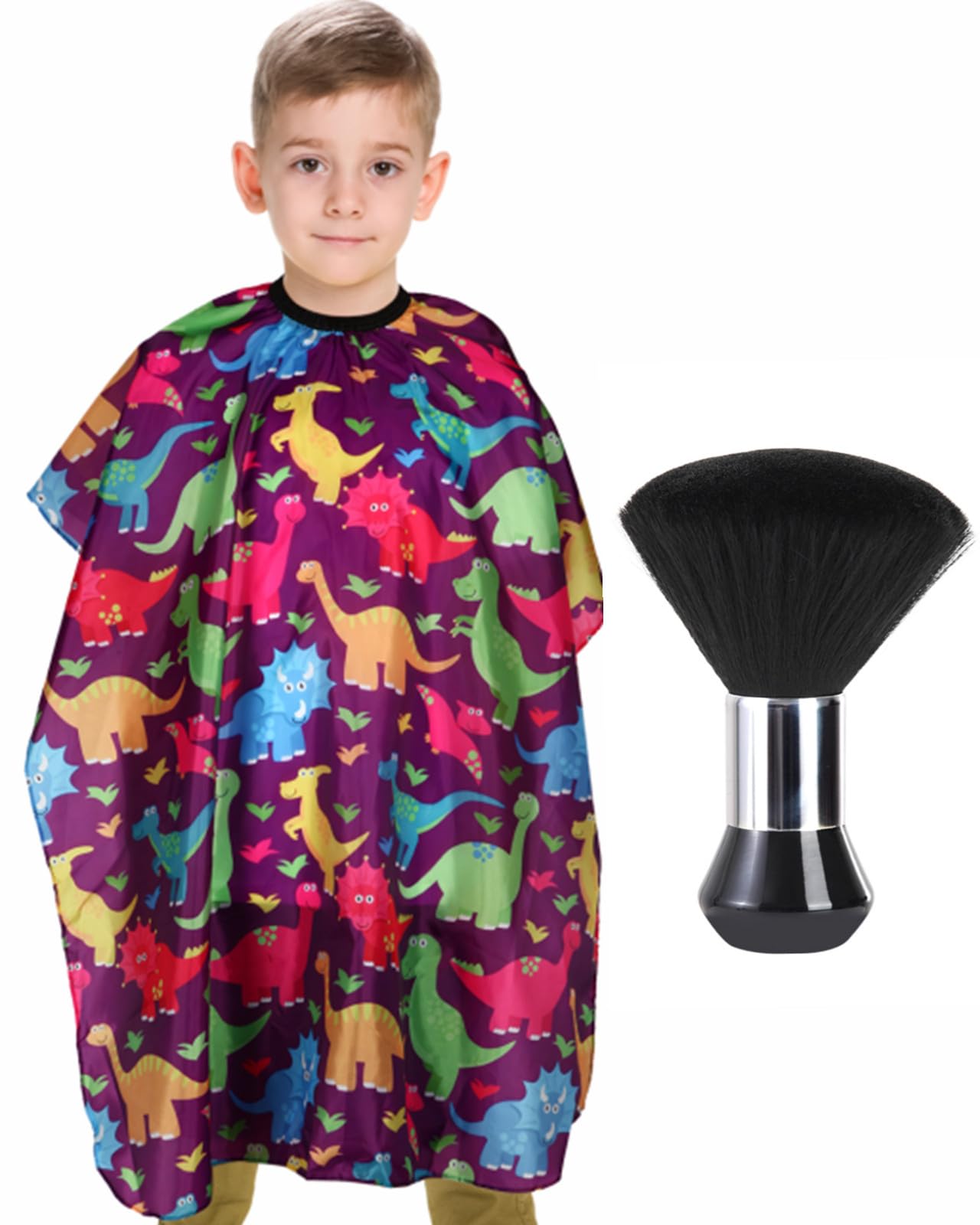 YELEGAI Kids Barber Cape front view with cartoon dinosaur design and full coverage for mess-free cuts