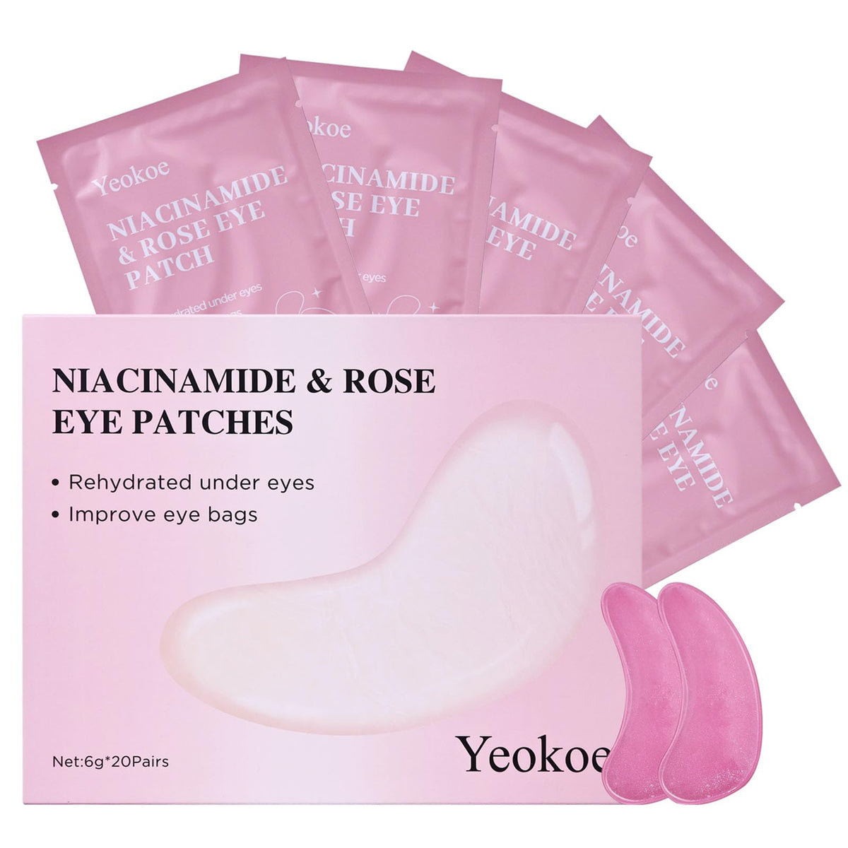 Yeokoe under-eye patches with rose and niacinamide for hydrated under-eye skin.