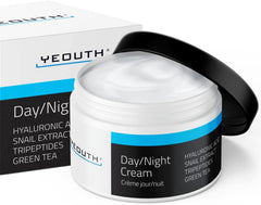 YEOUTH day-night cream bottle closeup showing versatile hydration for day and night.