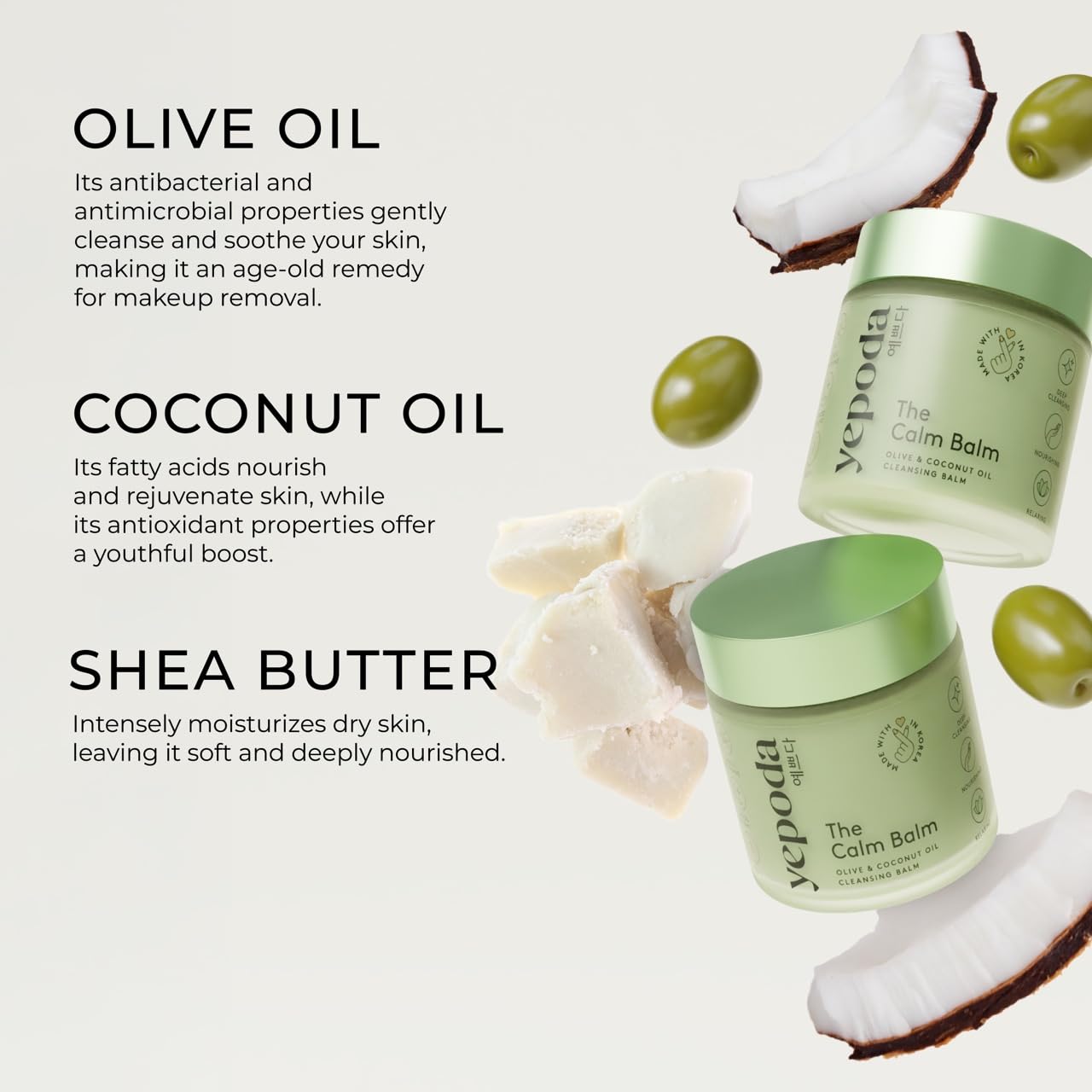 Yepoda The Calm Balm glass packaging highlights eco-friendly, recyclable design.