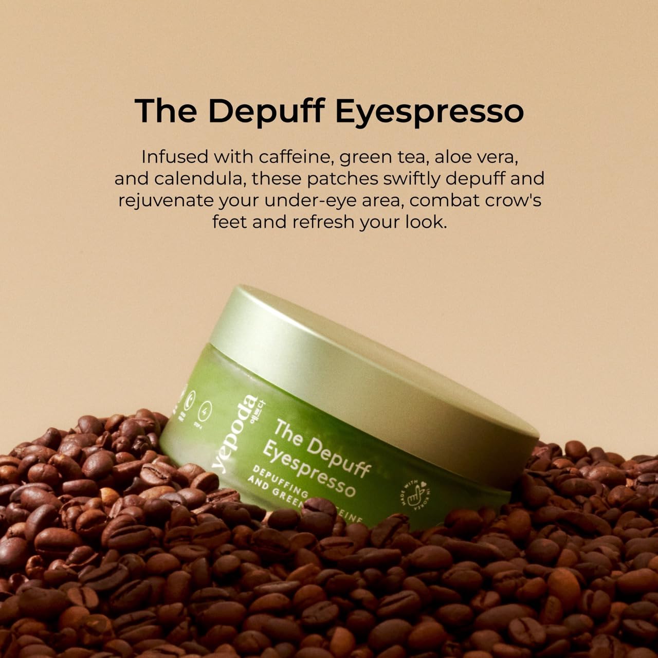 Yepoda Eyespresso patches applied under-eye, showing depuffing potential.