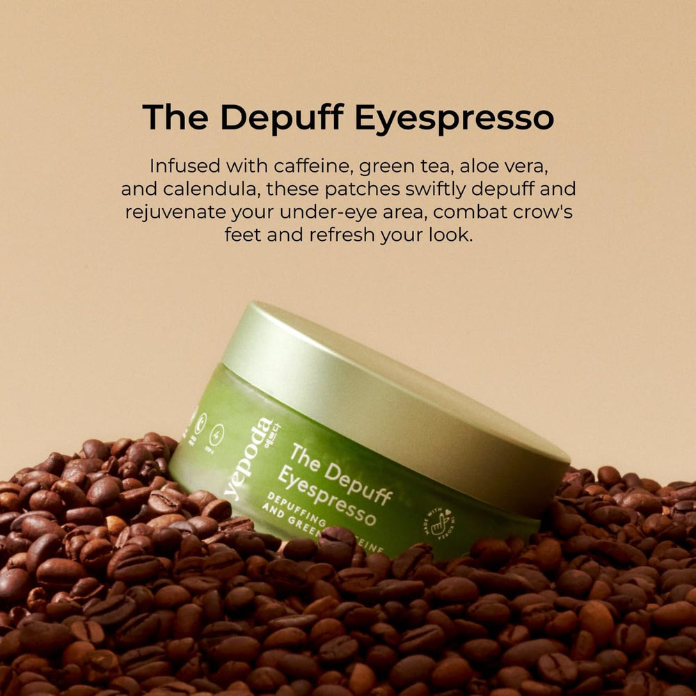 Yepoda Eyespresso patches applied under-eye, showing depuffing potential.