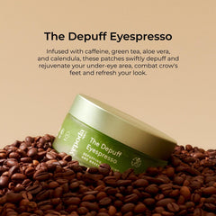 Yepoda Eyespresso patches applied under-eye, showing depuffing potential.